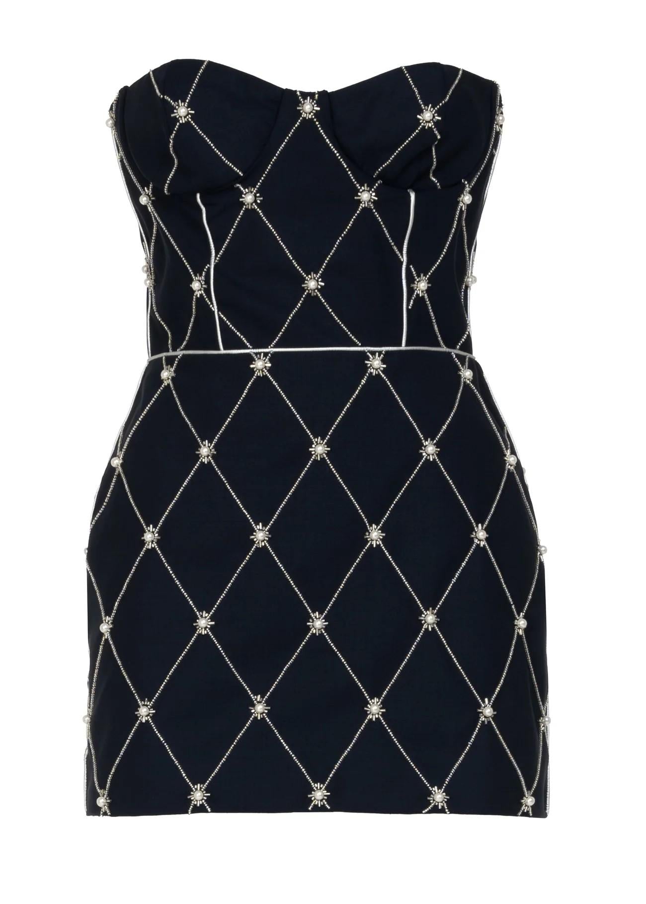 Mini abito Bustier nero con ricamo a mano motivo check 8806ER10002 LES FILLES D'EVA