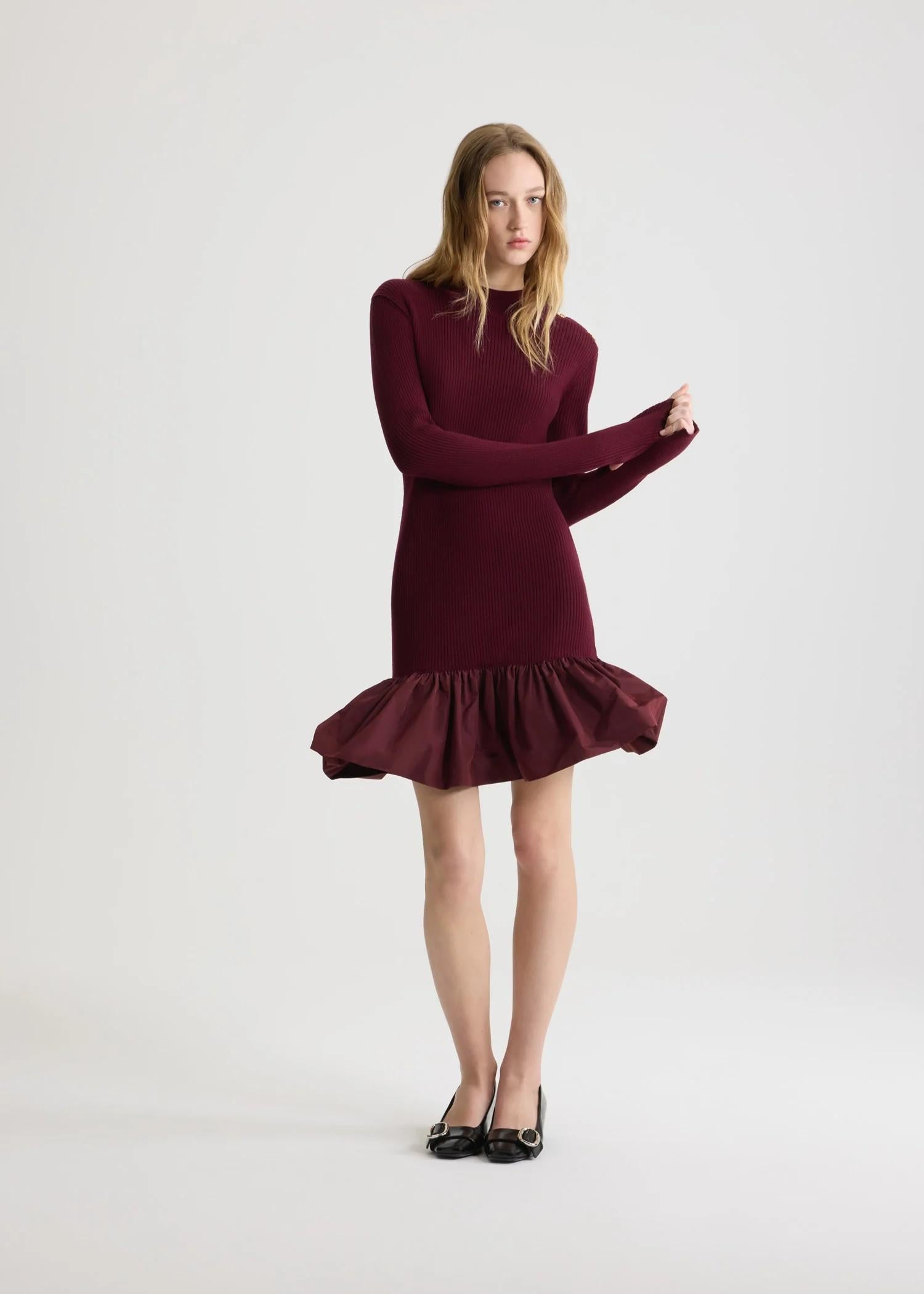 Vestito mini a costine burgundy  con fondo con ruche in lana e faille KN2718040316R PATOU