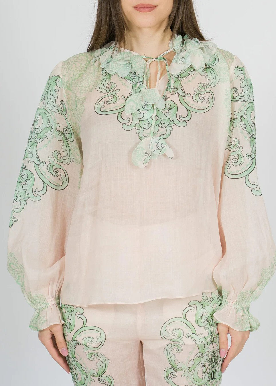Amosa Camicia in Ramie con Dettagli Verdi Bianco