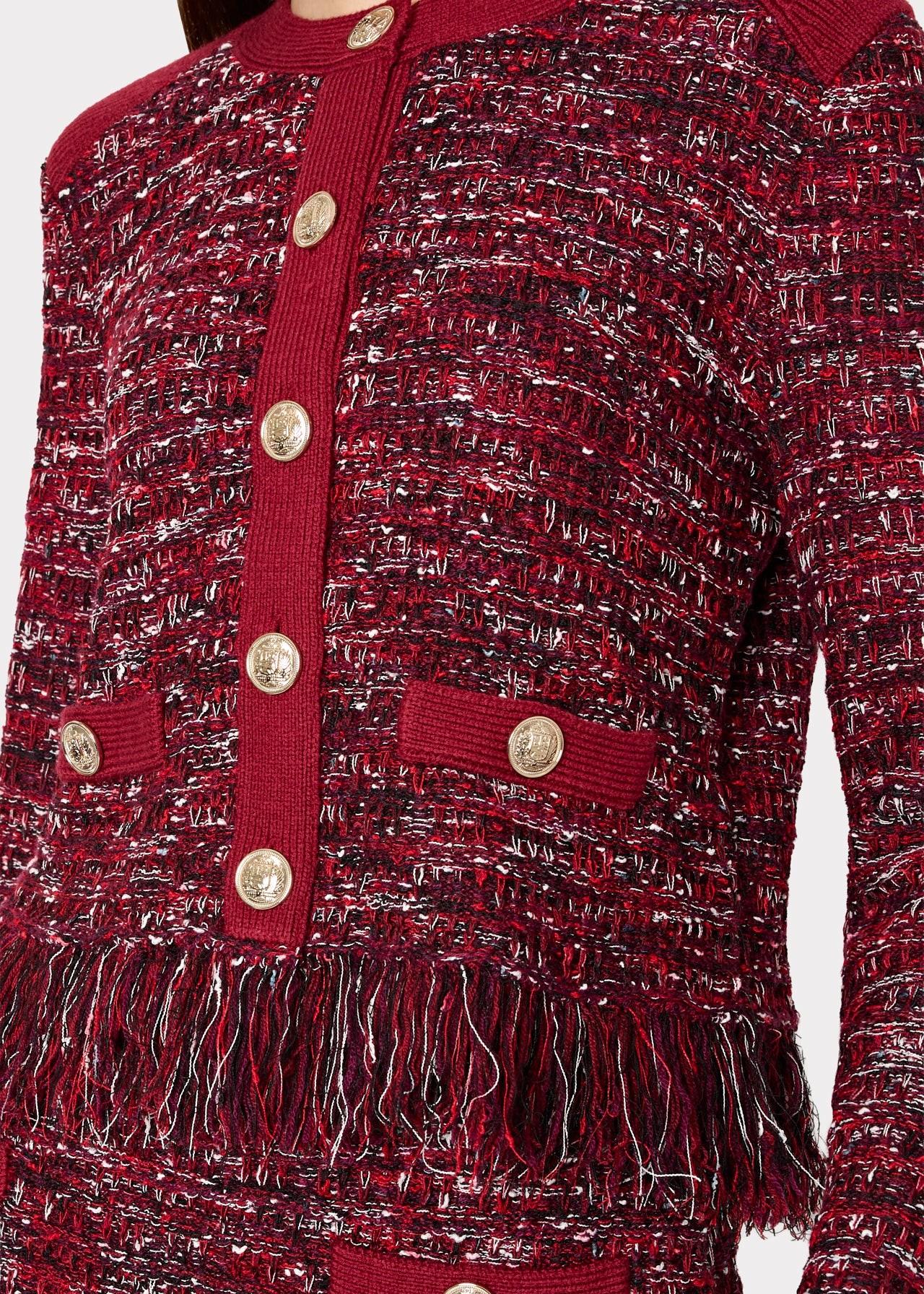 Giacca in maglia in filato multicolore con bottoni e frange KQT685BURGUNDY MILLY NY
