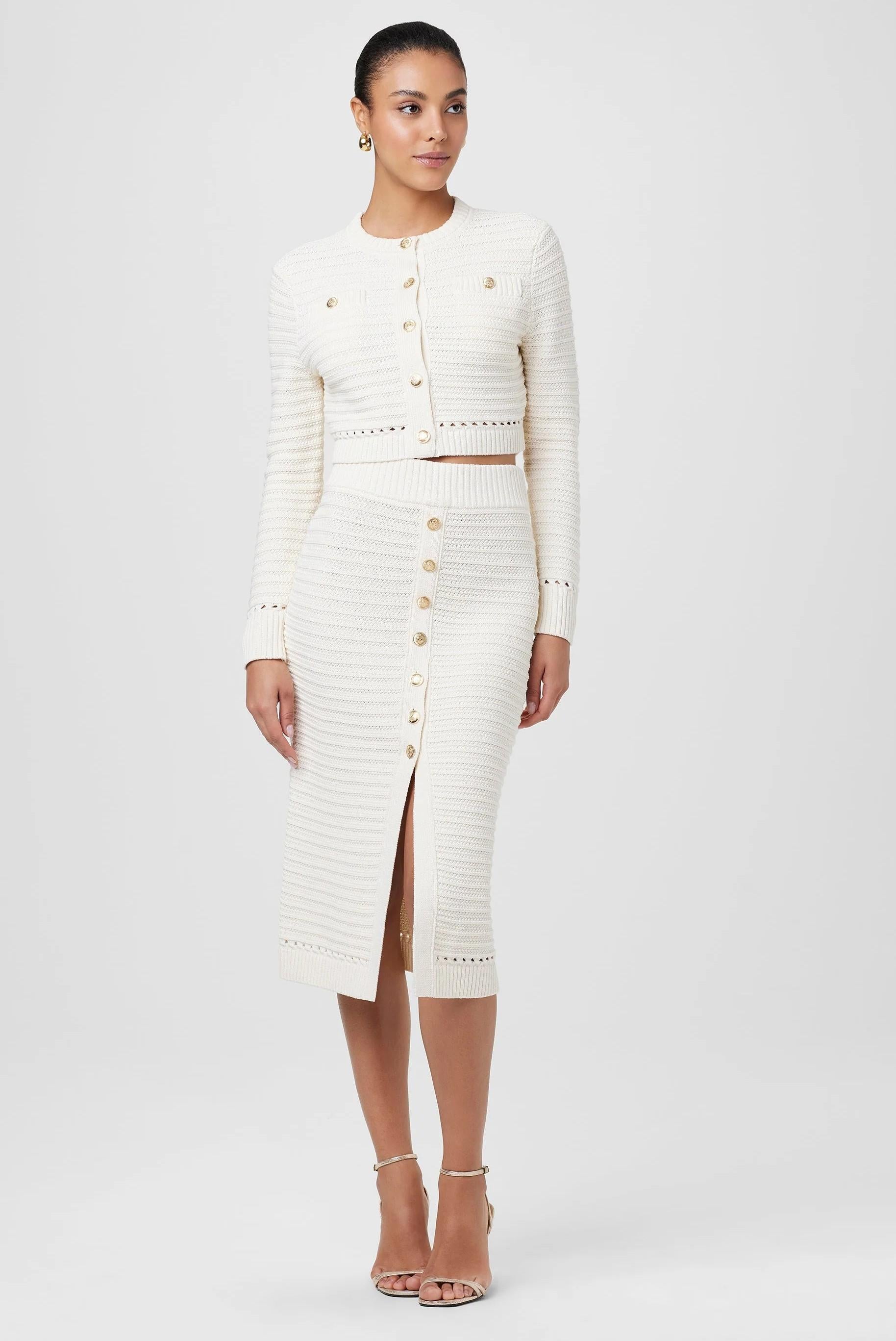 Gonna a matita in maglia raforata bianca con bottoni oro TC5904I013IVORY TOCCIN