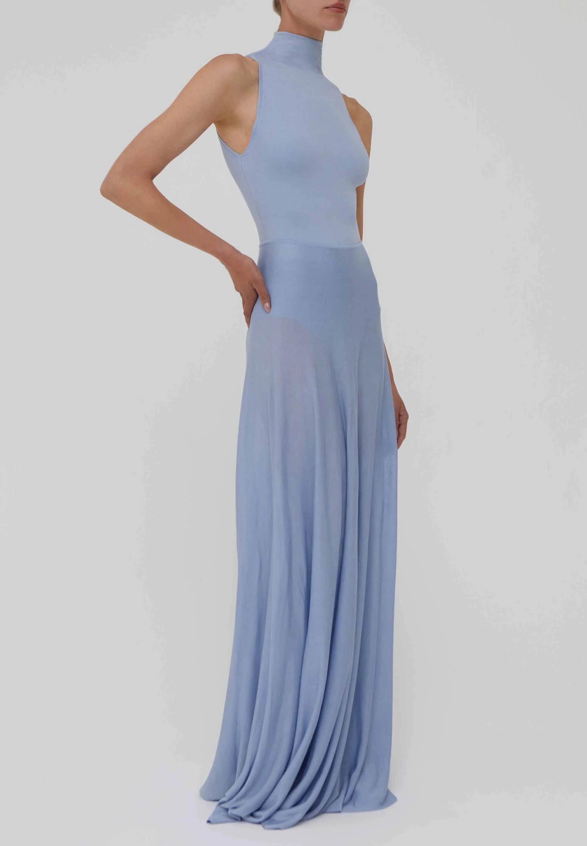 Abito lungo a sirena azzurro in misto seta con trasparenze AM68LIGHT BLUE AMIYA