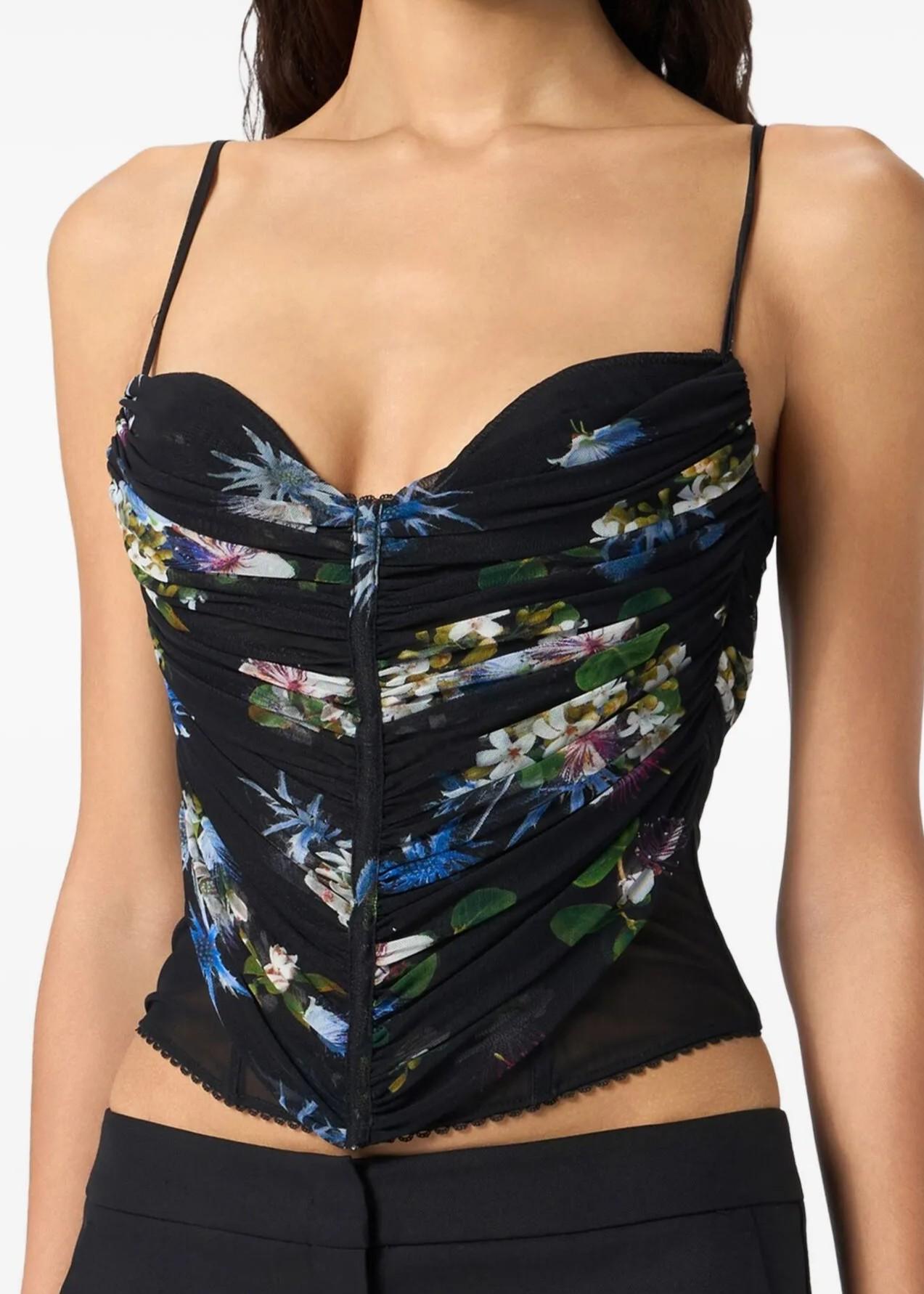 Top nero in tulle con spalline sottili stampa Bouquet 4C215AF9905 BLUMARINE