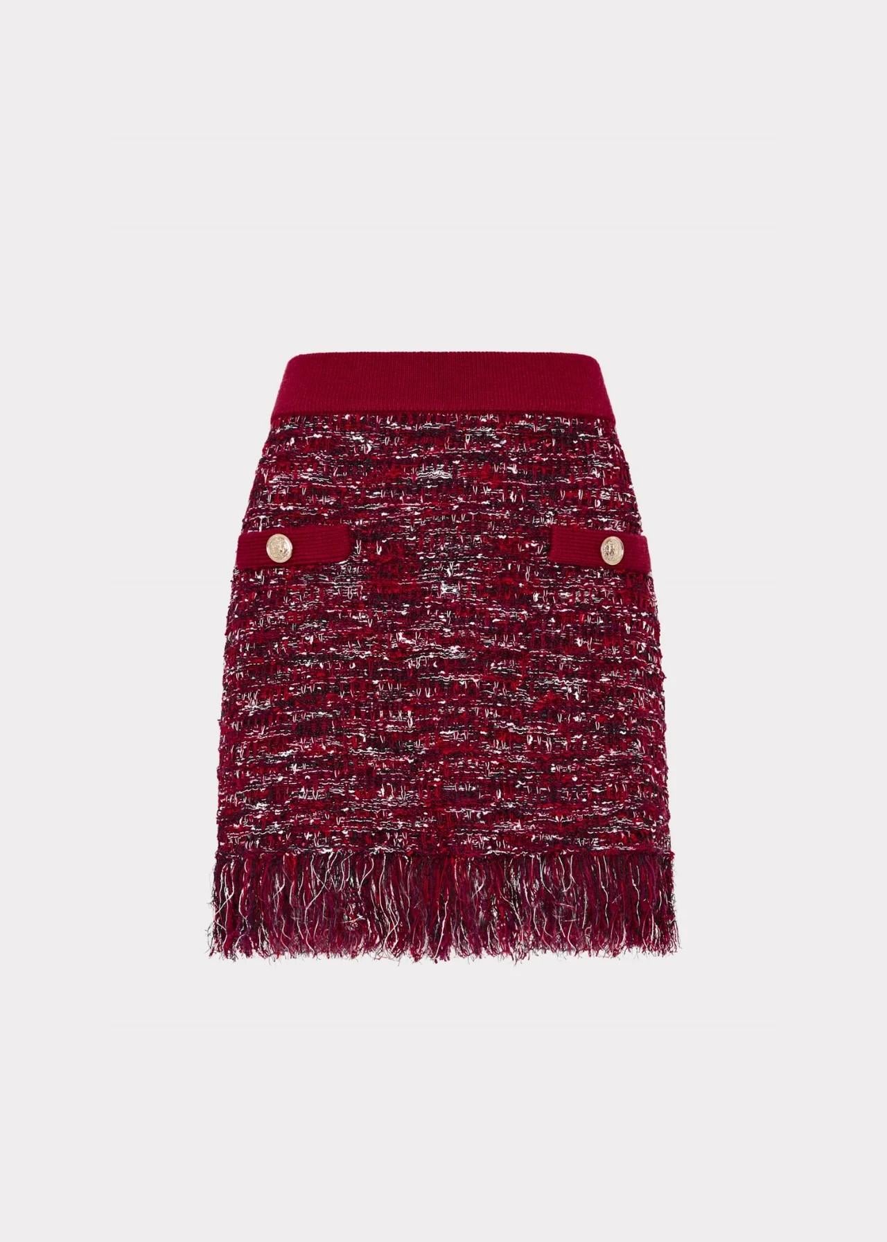 Minigonna in maglia in filato multicolor con bottoni dorati e frange KQS098BURGUNDY MILLY NY