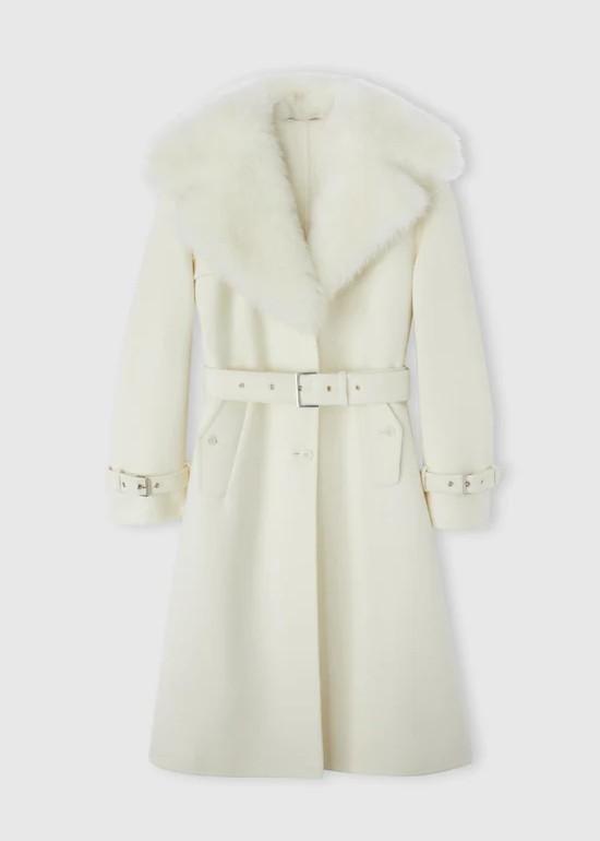 Cappotto monopetto sartoriale bianco con cintura e colletto in vera pelliccia di montone D476D331MTGVJGVJ14800 ERMANNO SCERVINO