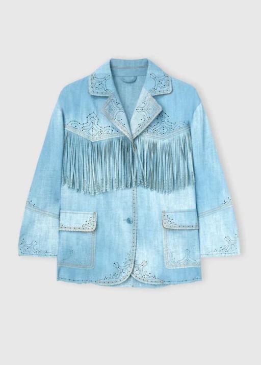 Ermanno Scervino Giacca Monopetto con frange Blu con stampa jeans D487I312REMYS4217 ERMANNO SCERVINO