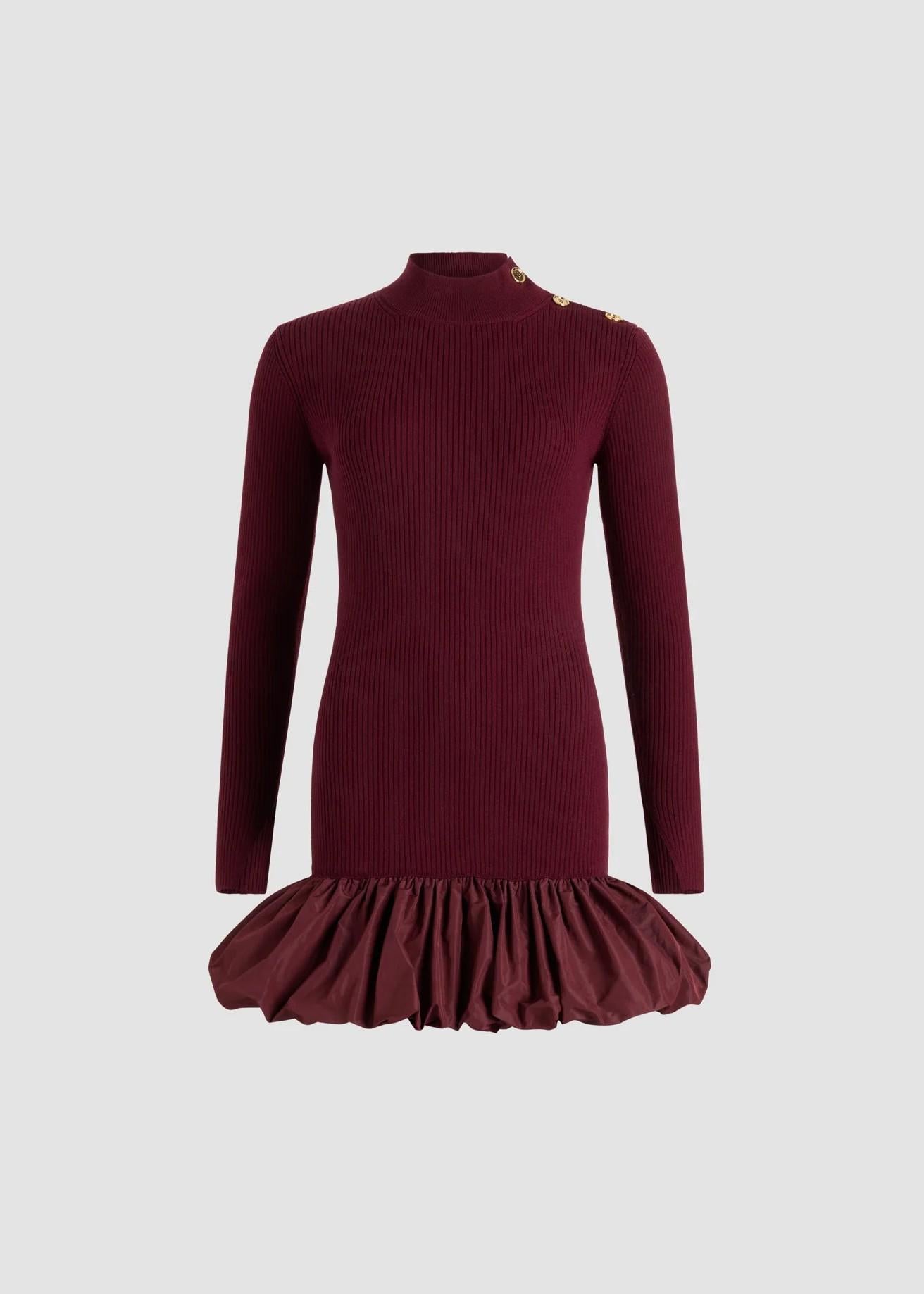 Vestito mini a costine burgundy  con fondo con ruche in lana e faille KN2718040316R PATOU