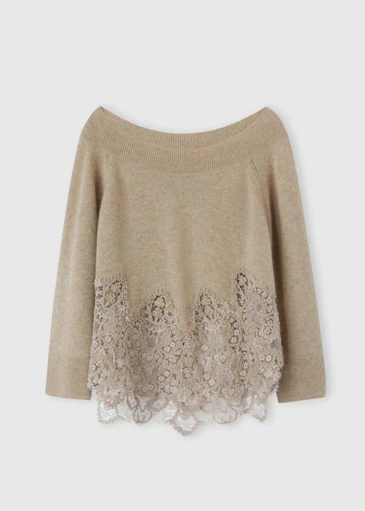 Maglia beige in puro cashmere con ampia scollatura e pizzo rebrodè D475M334APPYUPYUM1507 ERMANNO SCERVINO