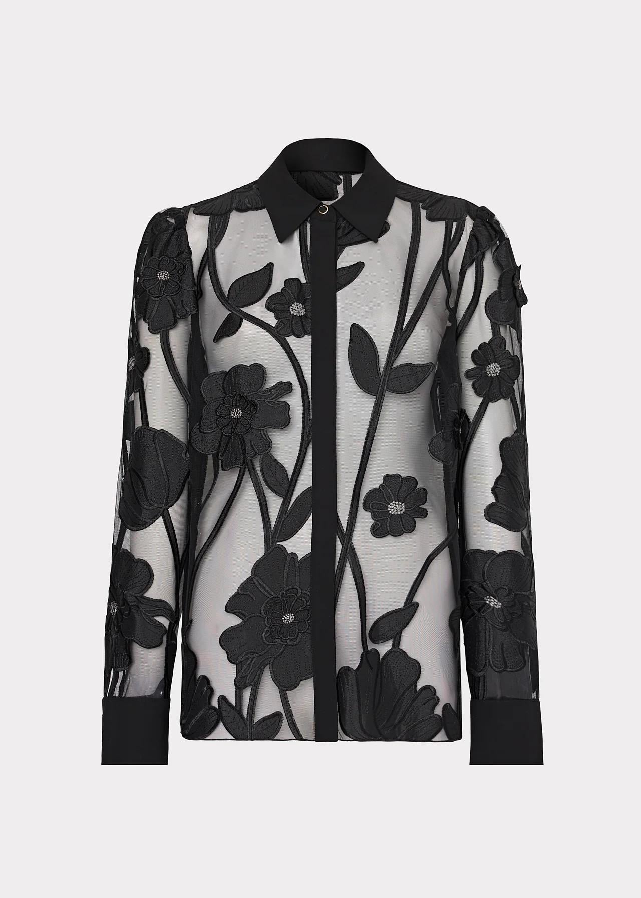 Camicia nera trasparente con ricamo floreale 90QT55BLACK MILLY NY