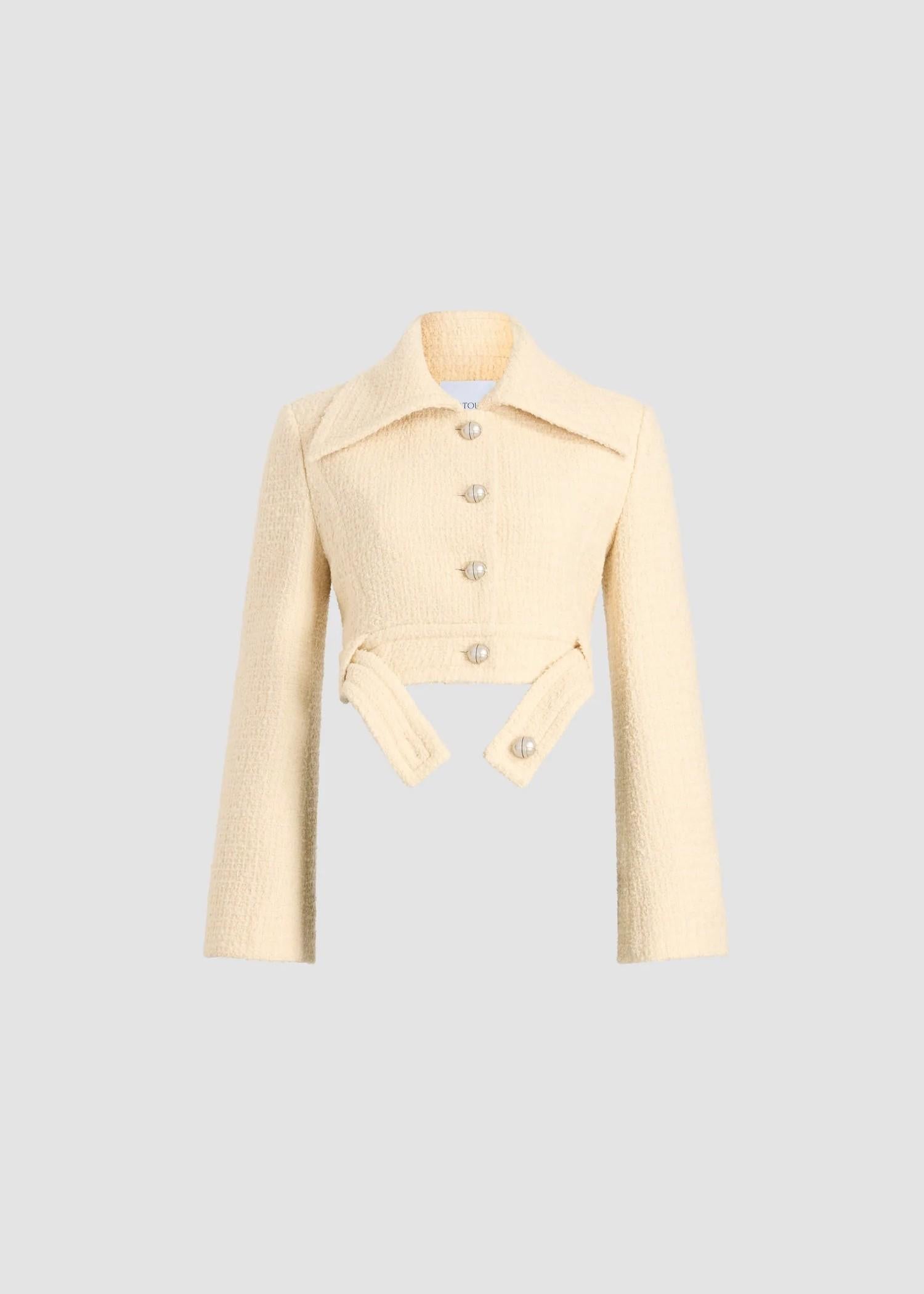 Giacca corta panna con cintura in tweed di misto lana sostenibile JA0630223097C PATOU