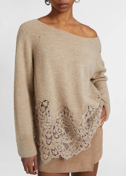 Maglia beige in puro cashmere con ampia scollatura e pizzo rebrodè D475M334APPYUPYUM1507 ERMANNO SCERVINO