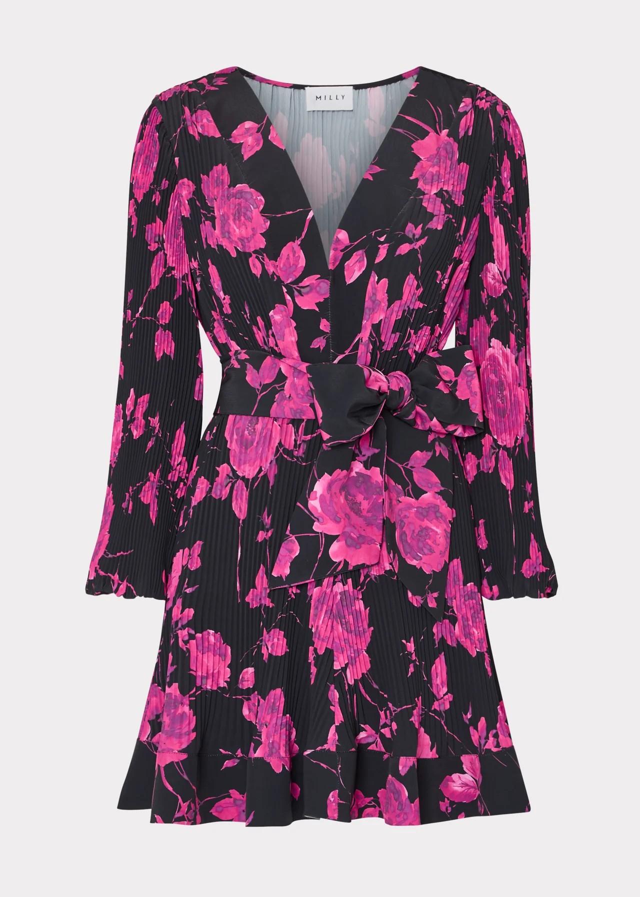 Abito corto plissettato maniche lunghe stampa floreale 46QD75BLACK MILLY NY