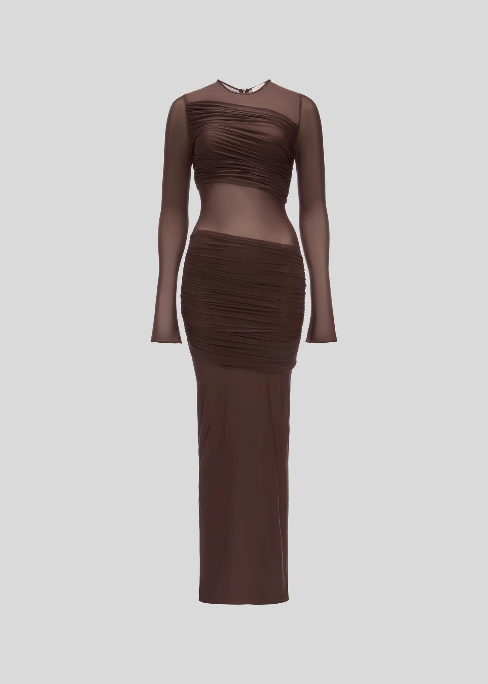 Abito midi in maglia marrone con trasparenze AW25204BROWN THE MANNEI