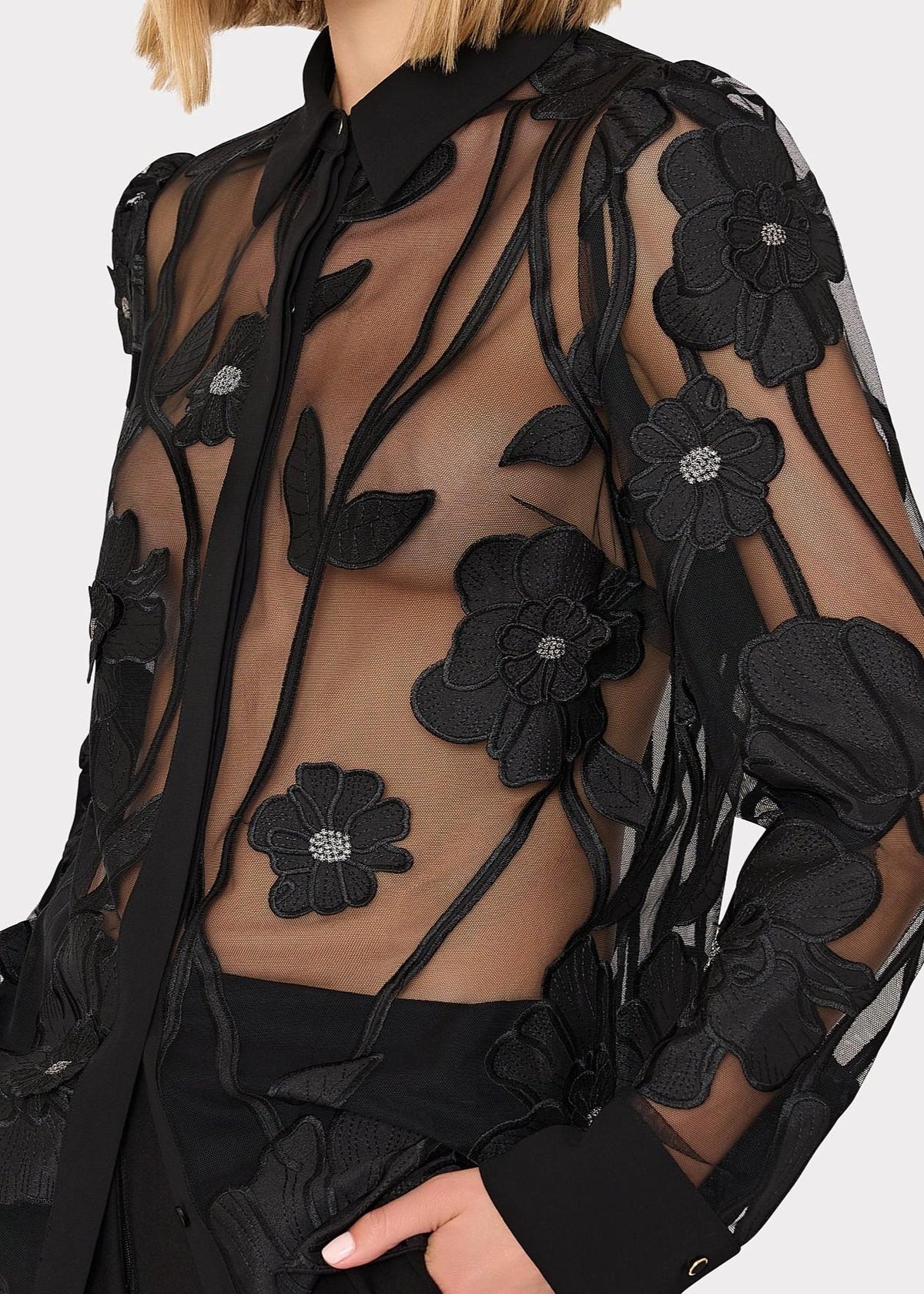 Camicia nera trasparente con ricamo floreale 90QT55BLACK MILLY NY