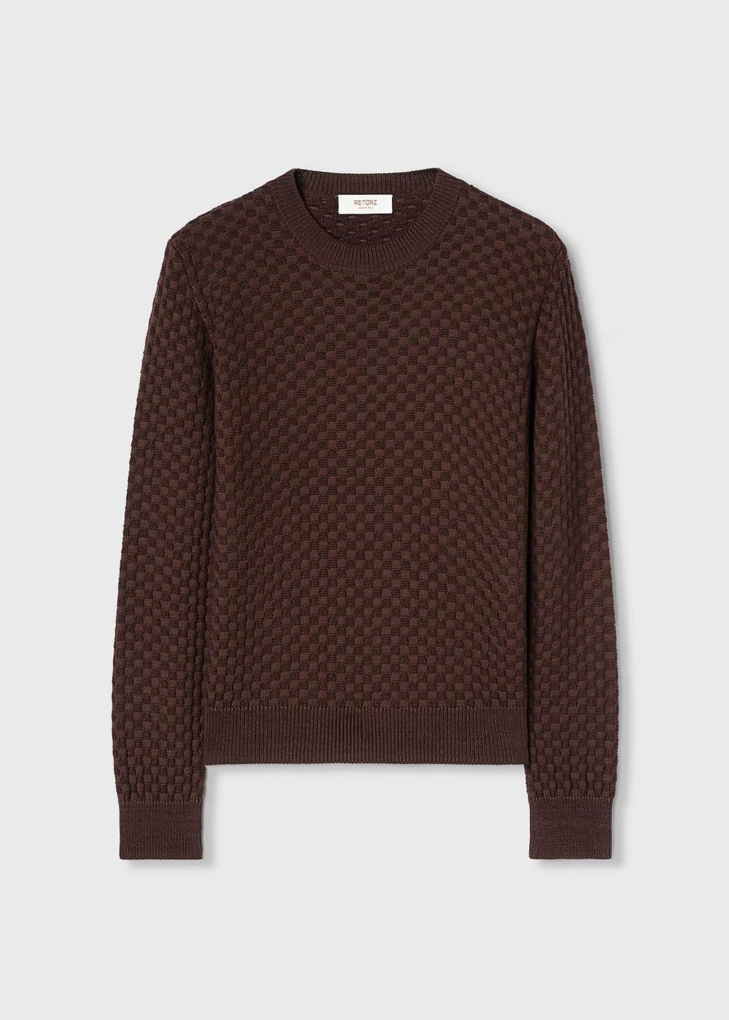 Maglione girocollo in jacuqard con motivo damier in lana e seta color cioccolato 02WKNTO116SJ01CHO052 RETORI