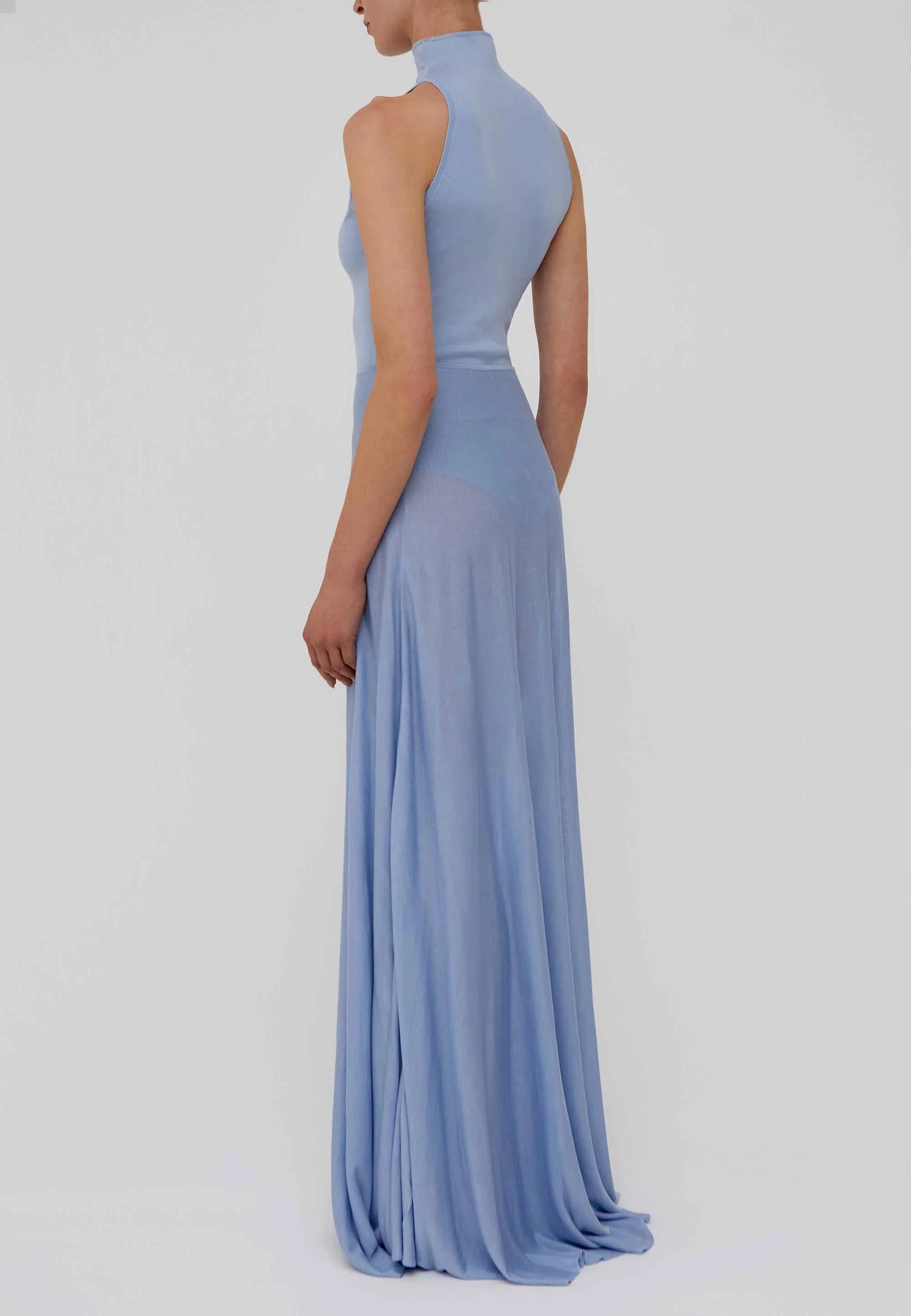 Abito lungo a sirena azzurro in misto seta con trasparenze AM68LIGHT BLUE AMIYA