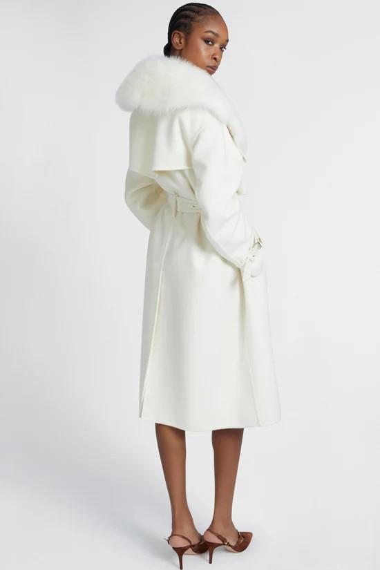 Cappotto monopetto sartoriale bianco con cintura e colletto in vera pelliccia di montone D476D331MTGVJGVJ14800 ERMANNO SCERVINO