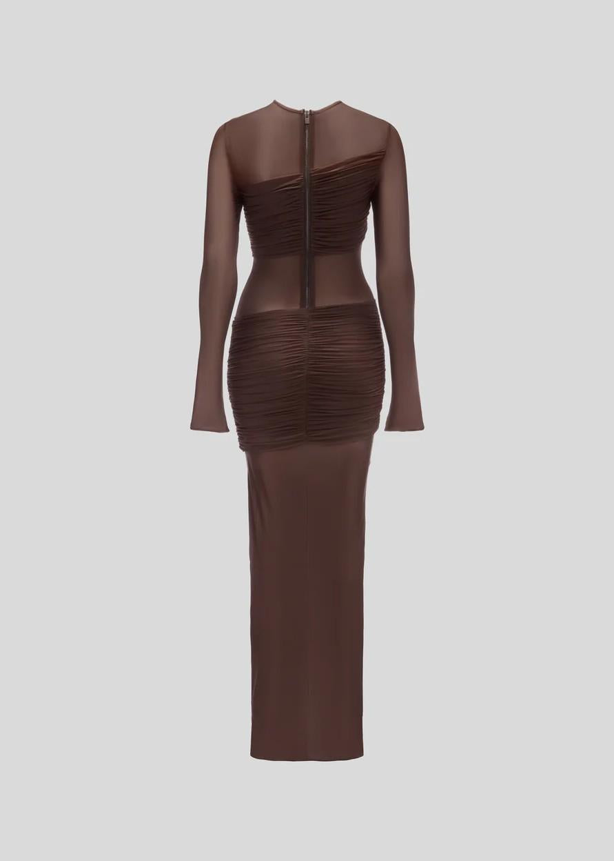 Abito midi in maglia marrone con trasparenze AW25204BROWN THE MANNEI