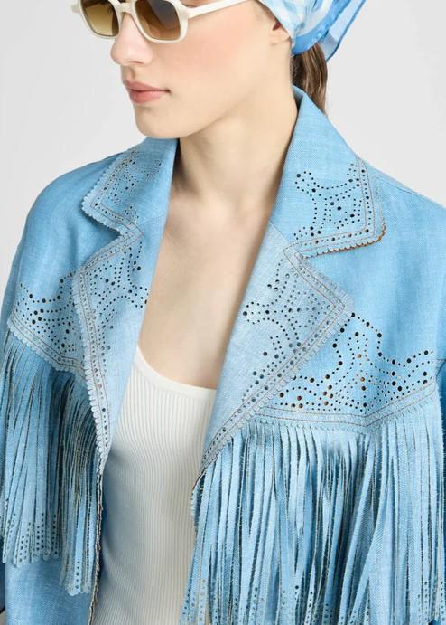 Ermanno Scervino Giacca Monopetto con frange Blu con stampa jeans D487I312REMYS4217 ERMANNO SCERVINO