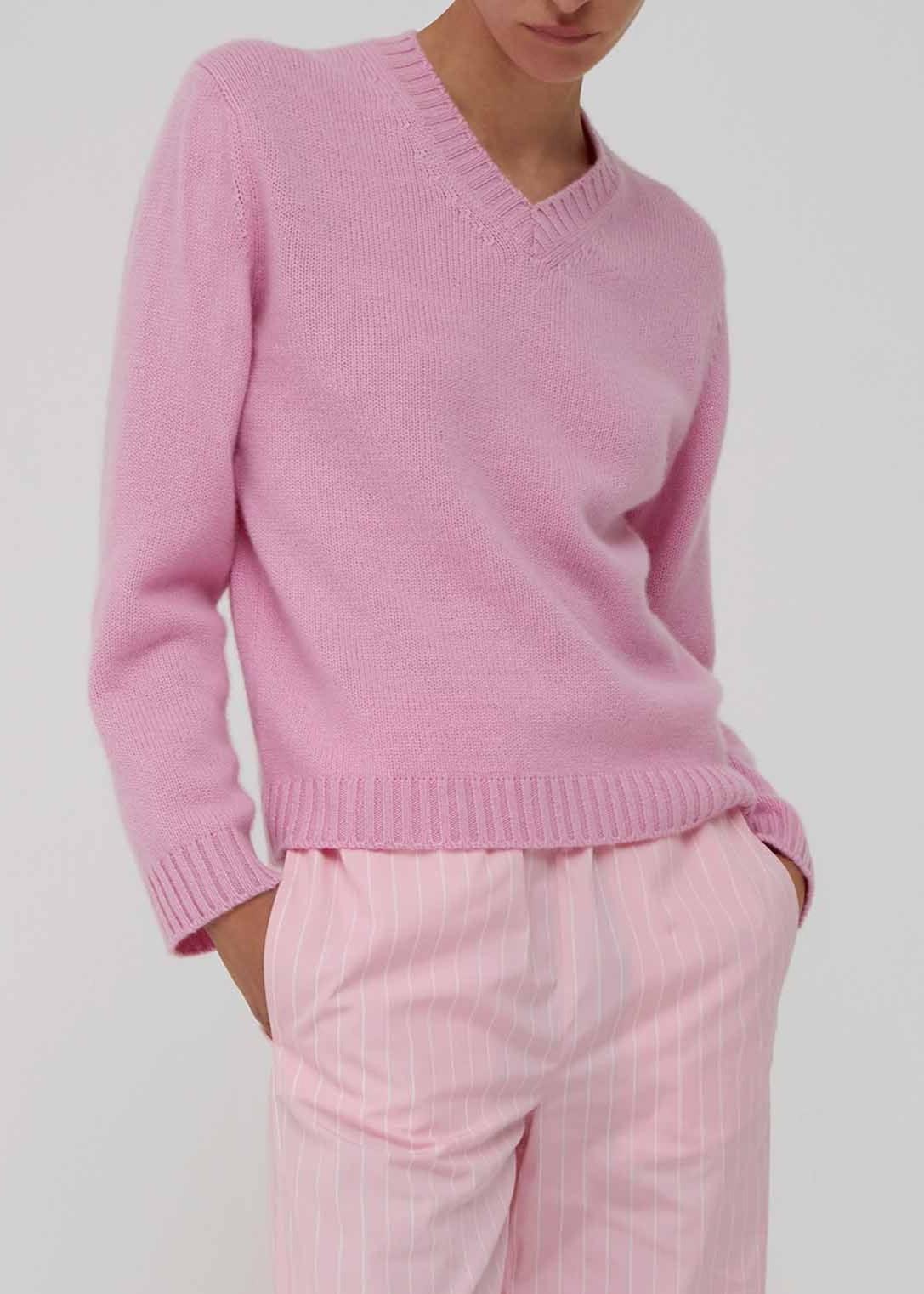 Maglione rosa 100% cashmere con scollo a V AM41PINK AMIYA