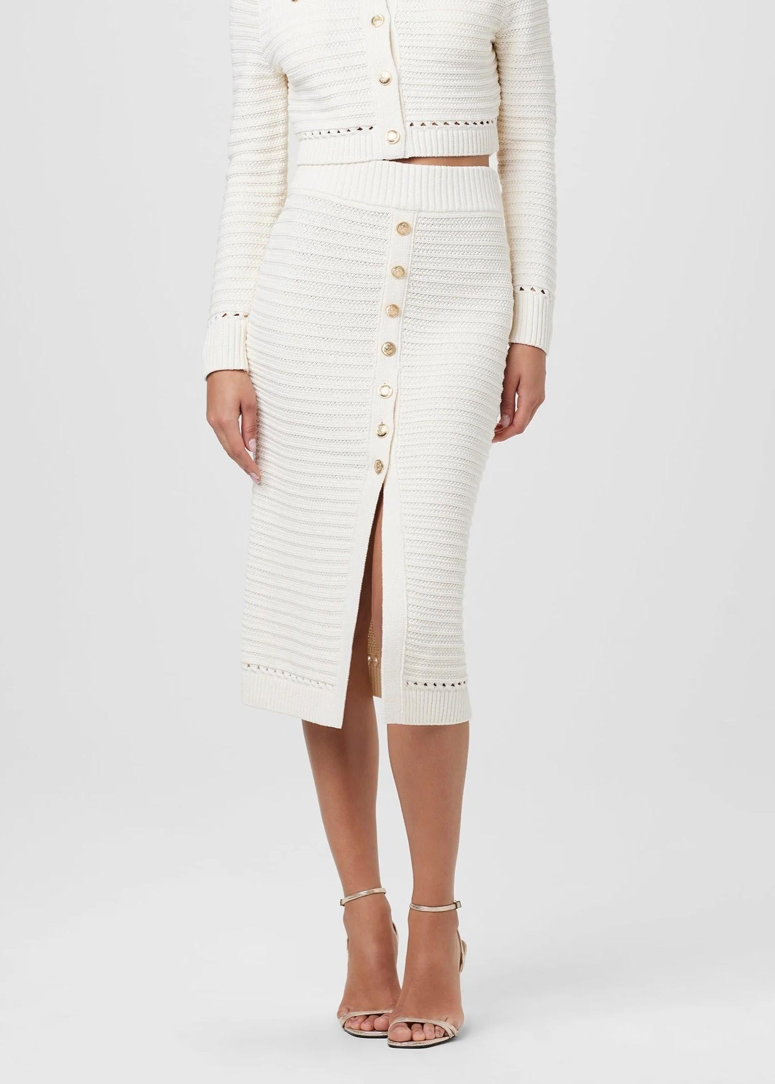 Gonna a matita in maglia raforata bianca con bottoni oro TC5904I013IVORY TOCCIN