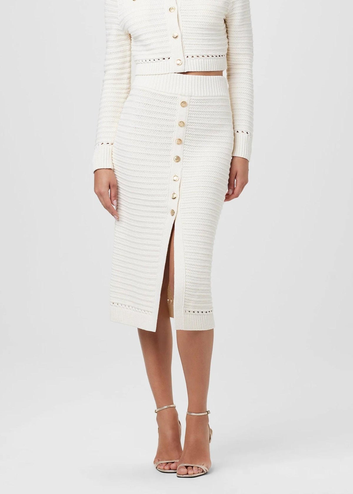 Gonna a matita in maglia raforata bianca con bottoni oro TC5904I013IVORY TOCCIN