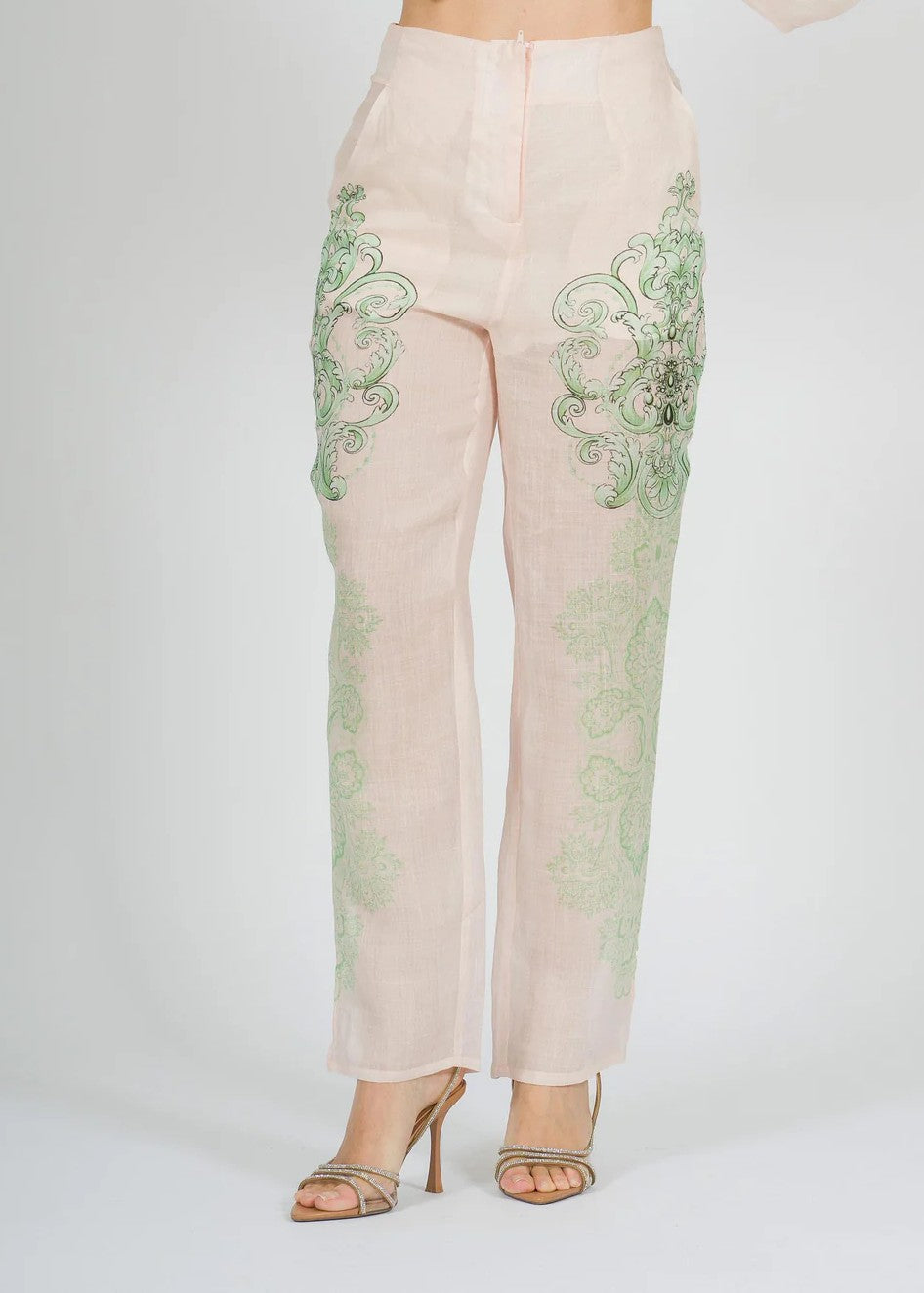 Amosa Pantalone Straight in Ramie con Ricami Verdi Bianco