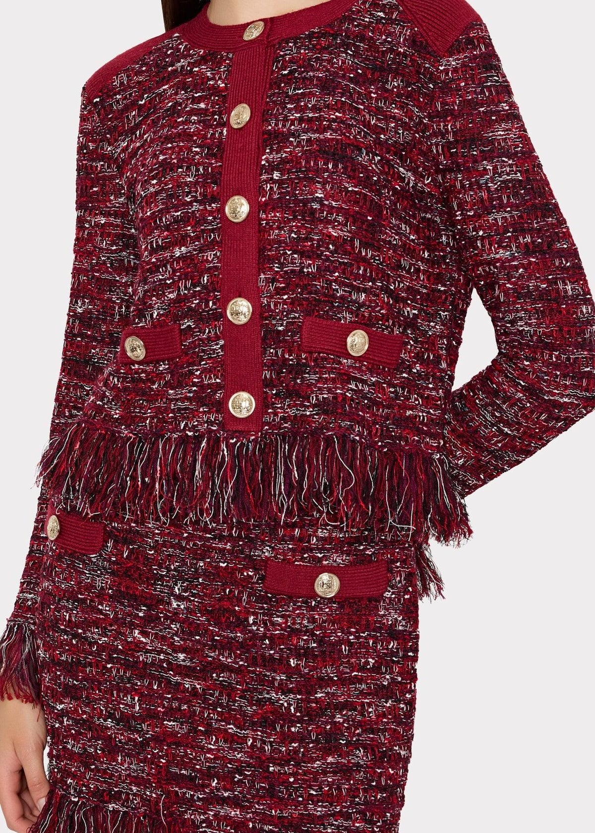 Giacca in maglia in filato multicolore con bottoni e frange KQT685BURGUNDY MILLY NY