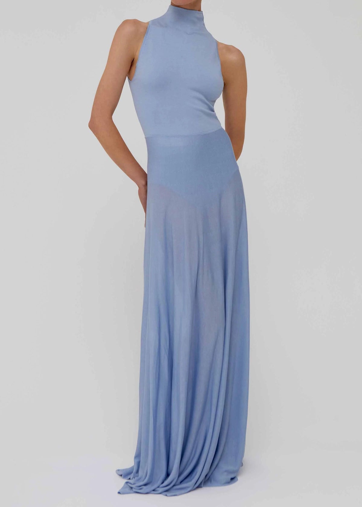 Abito lungo a sirena azzurro in misto seta con trasparenze AM68LIGHT BLUE AMIYA