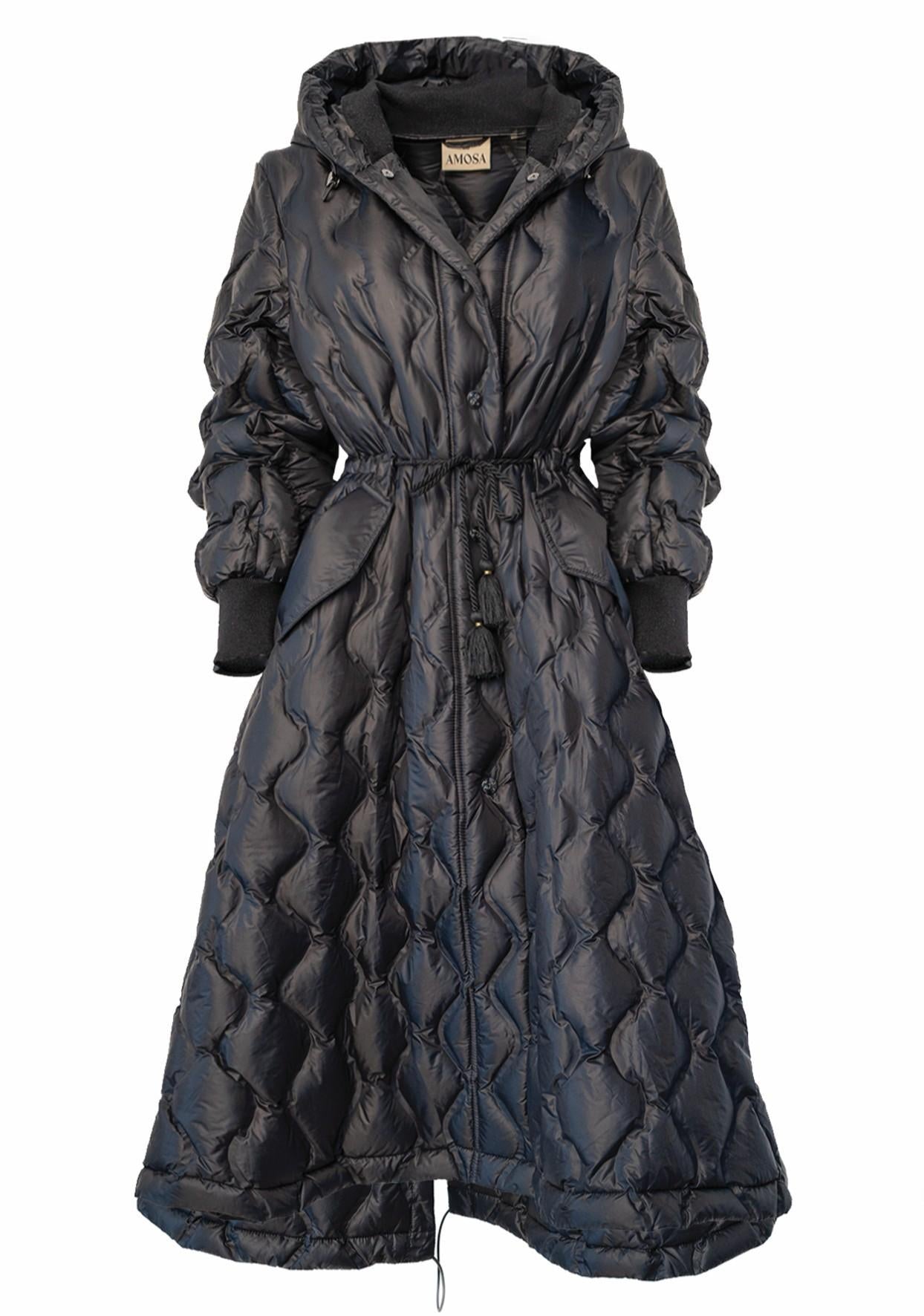 Capospalla imbottito nero con cappuccio e elastico in vita A25FWJK06 AMOSA