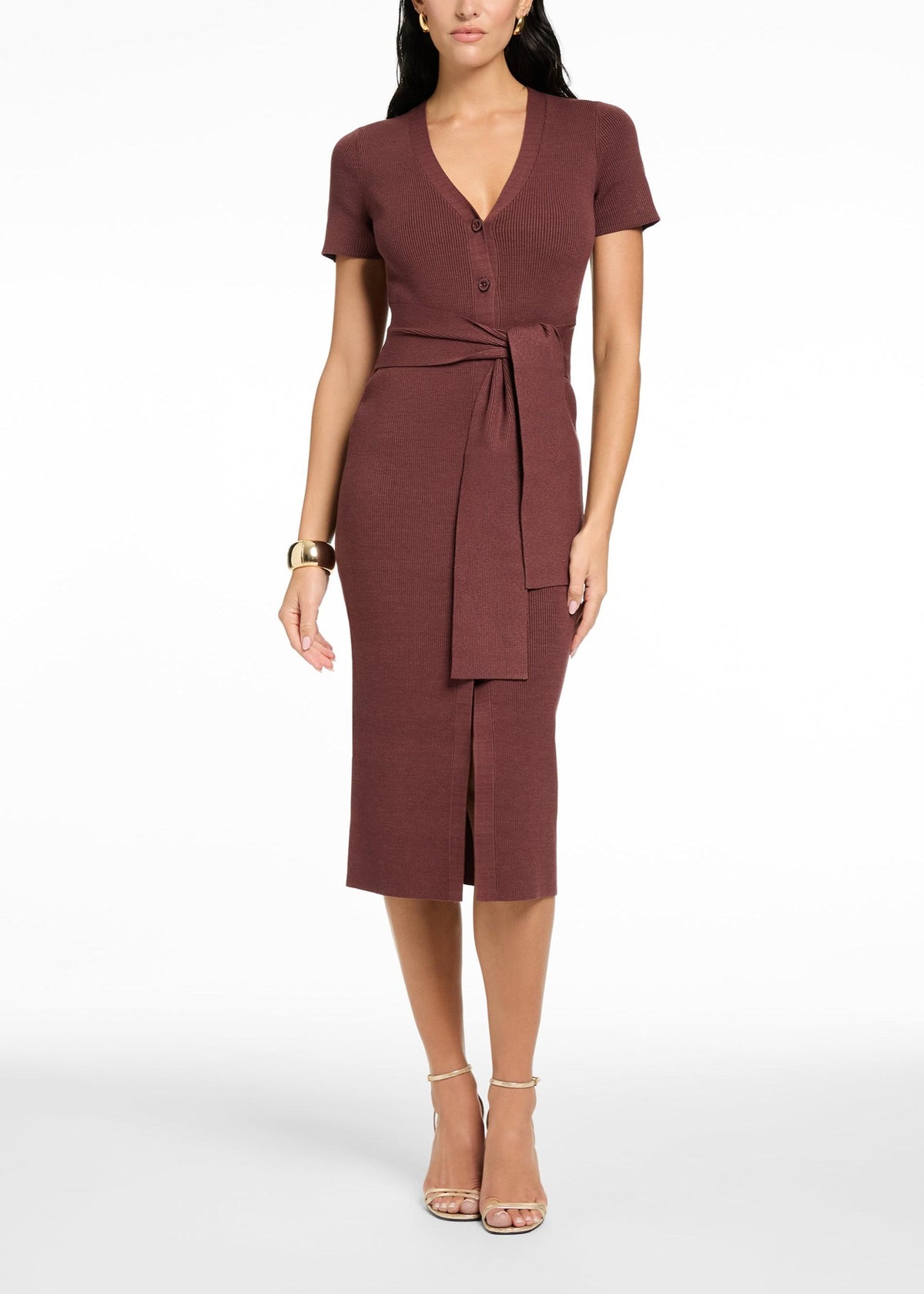 Abito midi marrone in maglia a maniche corte con nodo TR6907K018DEEP SPICE TOCCIN