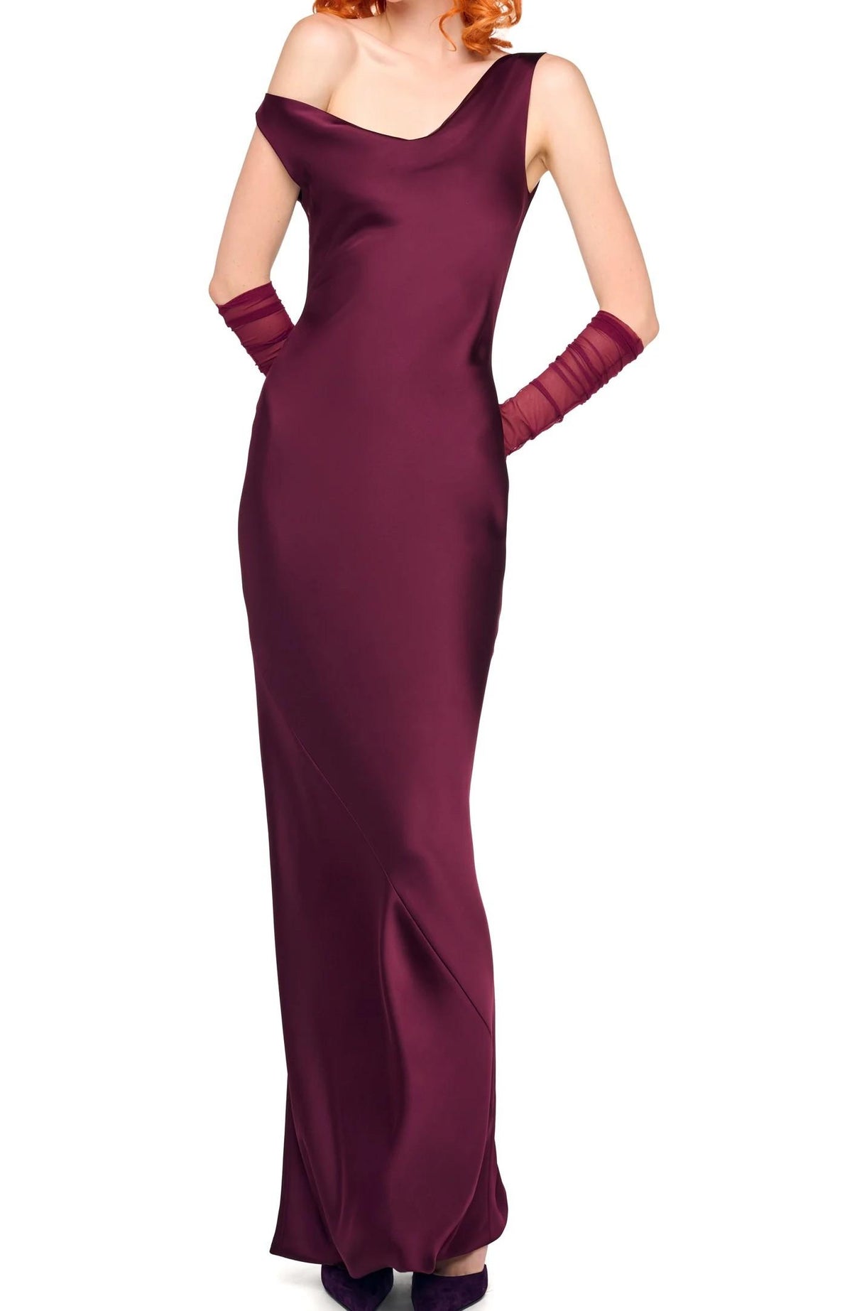 Abito lungo bordeaux senza spalline con vestibilità fluida ST4253SAO73043PLUM NORMA KAMALI