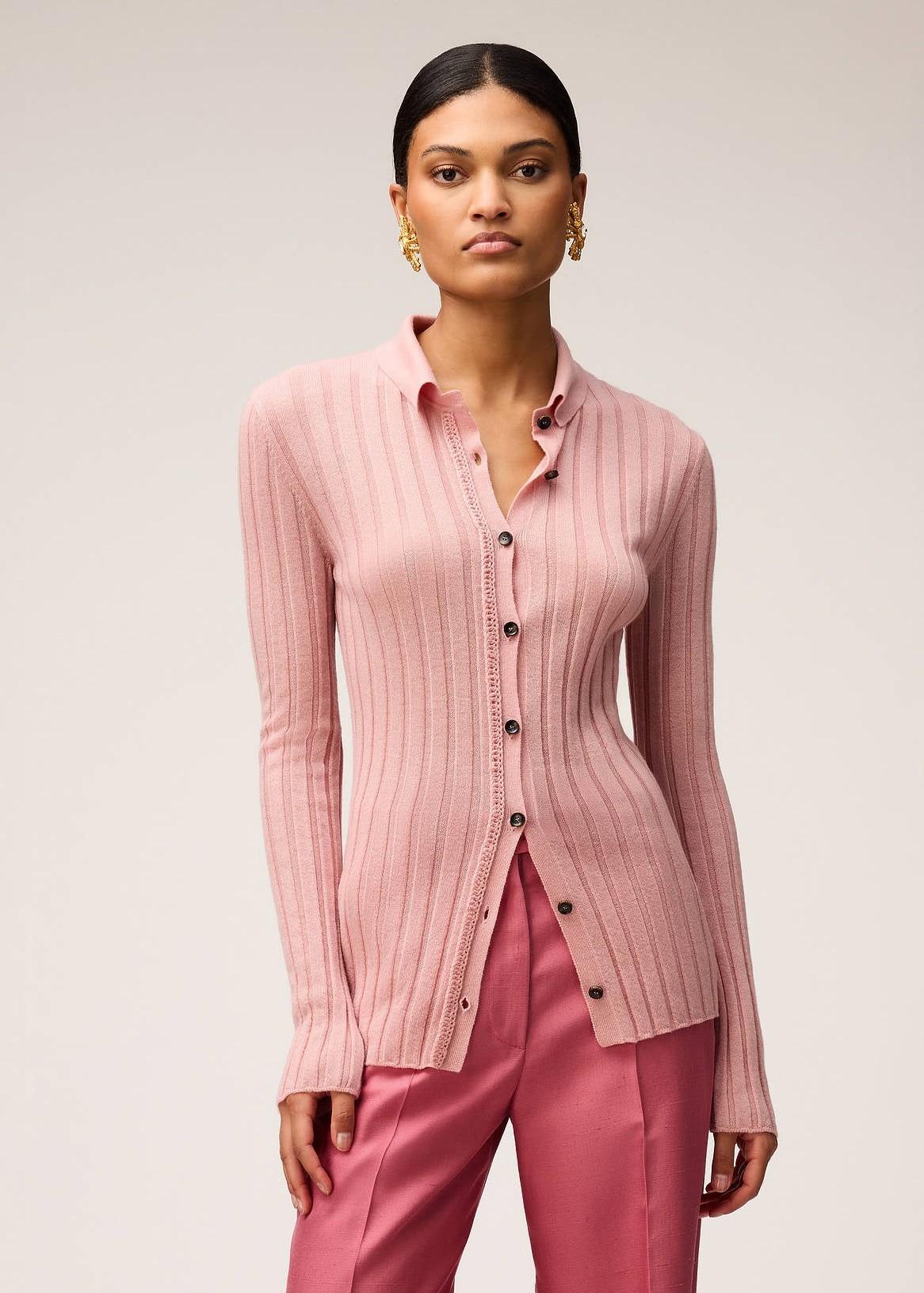 Cardigan in maglia di Cashmere leggero a coste con dettaglio uncinetto rosa 03WKNTO156WS05PNR168 RETORI