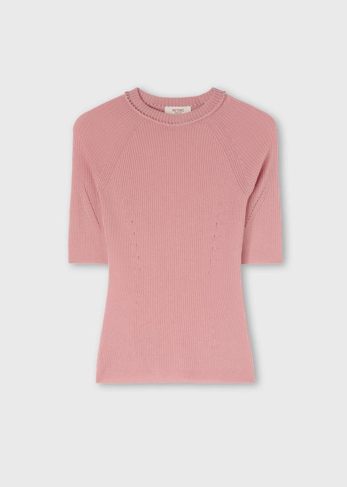 T-shirt in maglia di cashmere leggero a coste con dettaglio uncinetto rosa 03WKNTO157WS05PNR168 RETORI