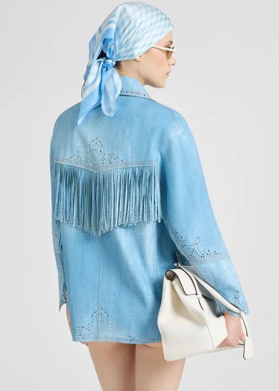 Ermanno Scervino Giacca Monopetto con frange Blu con stampa jeans D487I312REMYS4217 ERMANNO SCERVINO