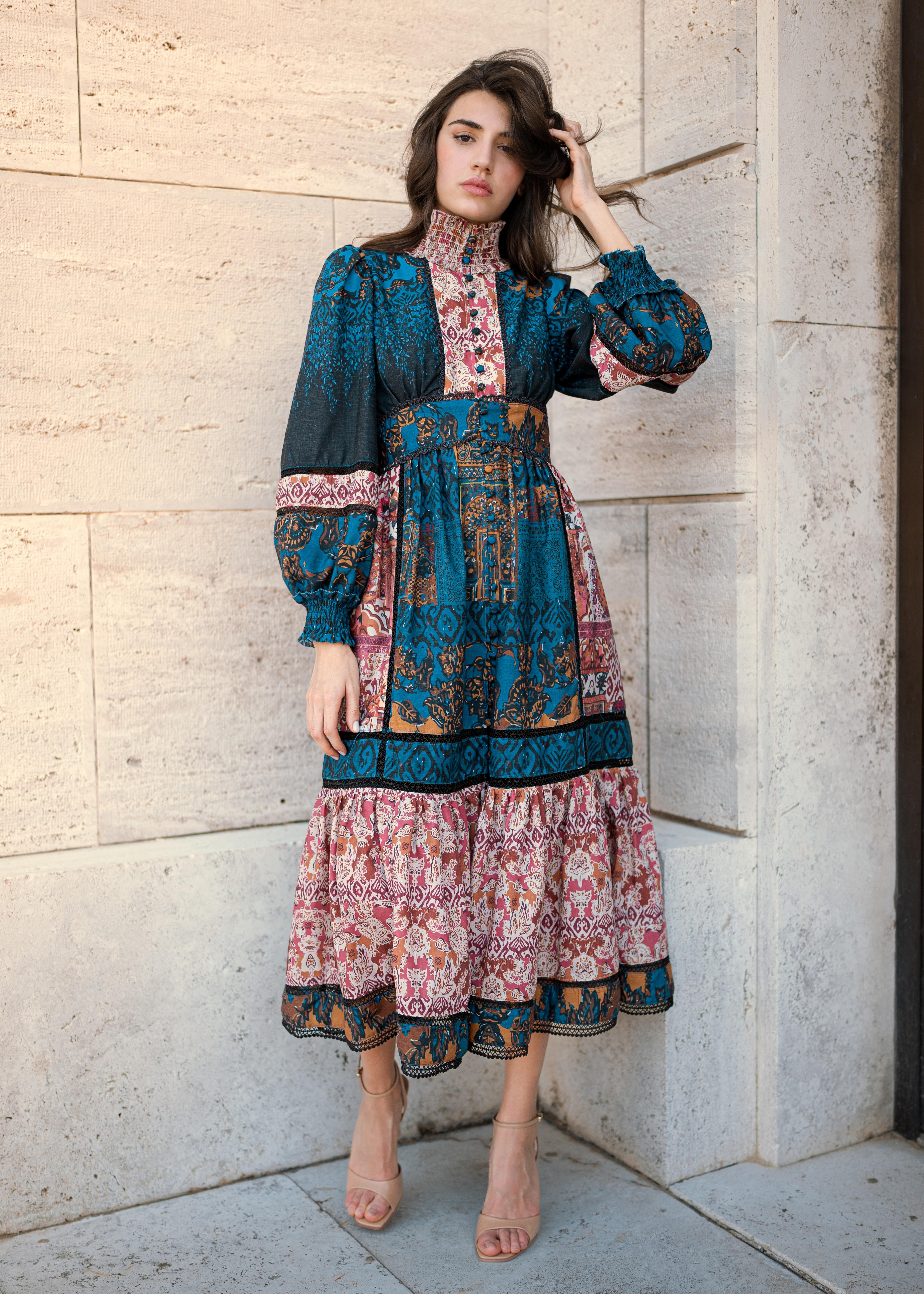 Abito Longuette a fantasia con collo montato A25FWAB02 AMOSA