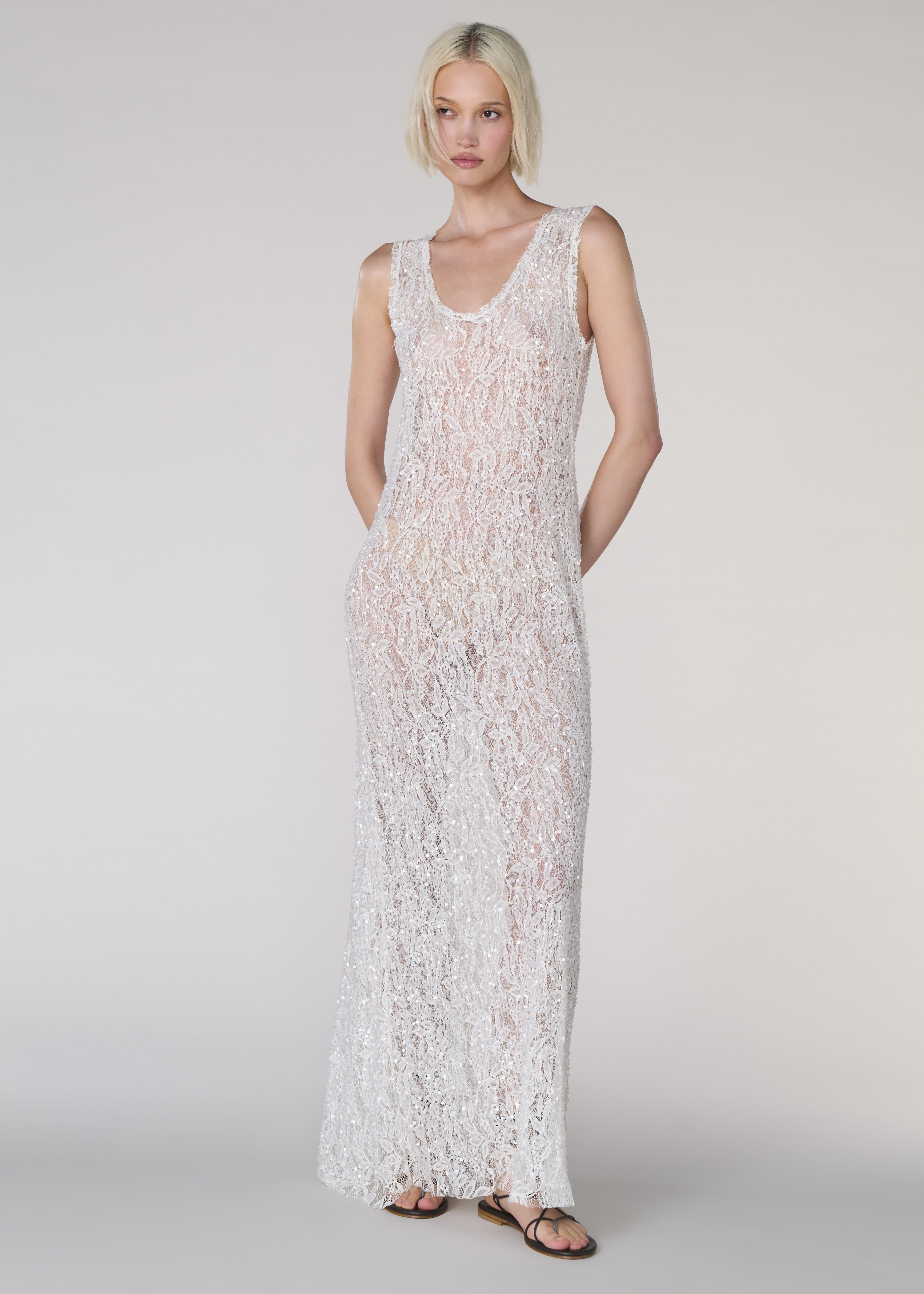 Abito lungo bianco senza maniche con ricami in pailletes NOODLESD722562002 P.A.R.O.S.H.