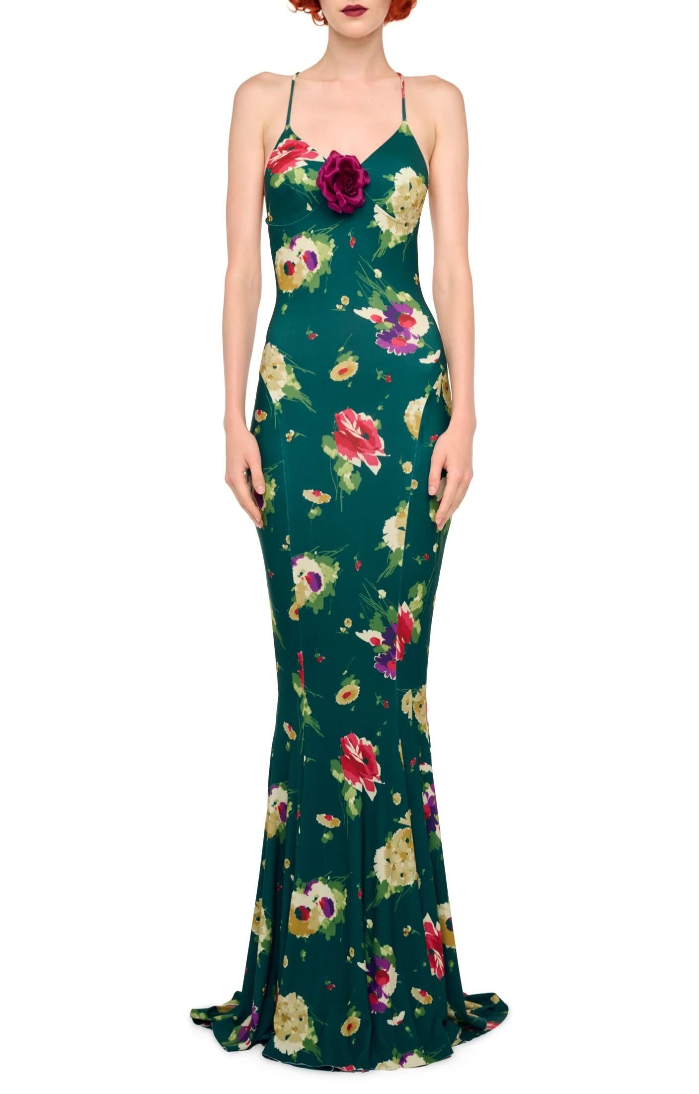 Abito a sottoveste verde fantasia sfloreale, modello sirena con schiena scoperta KK4253PL137681FLORAL GREEN MULTI NORMA KAMALI