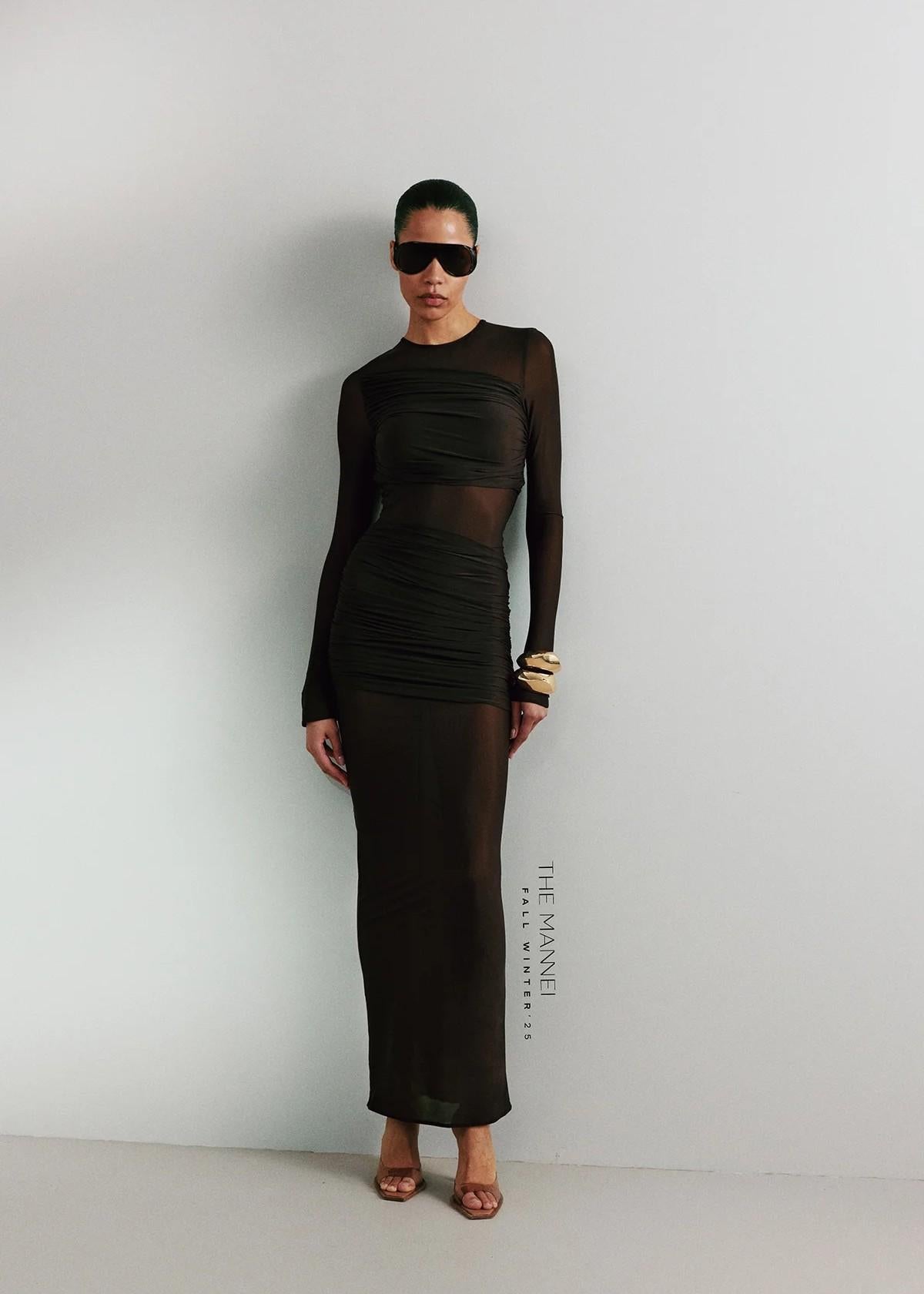 Abito midi in maglia marrone con trasparenze AW25204BROWN THE MANNEI