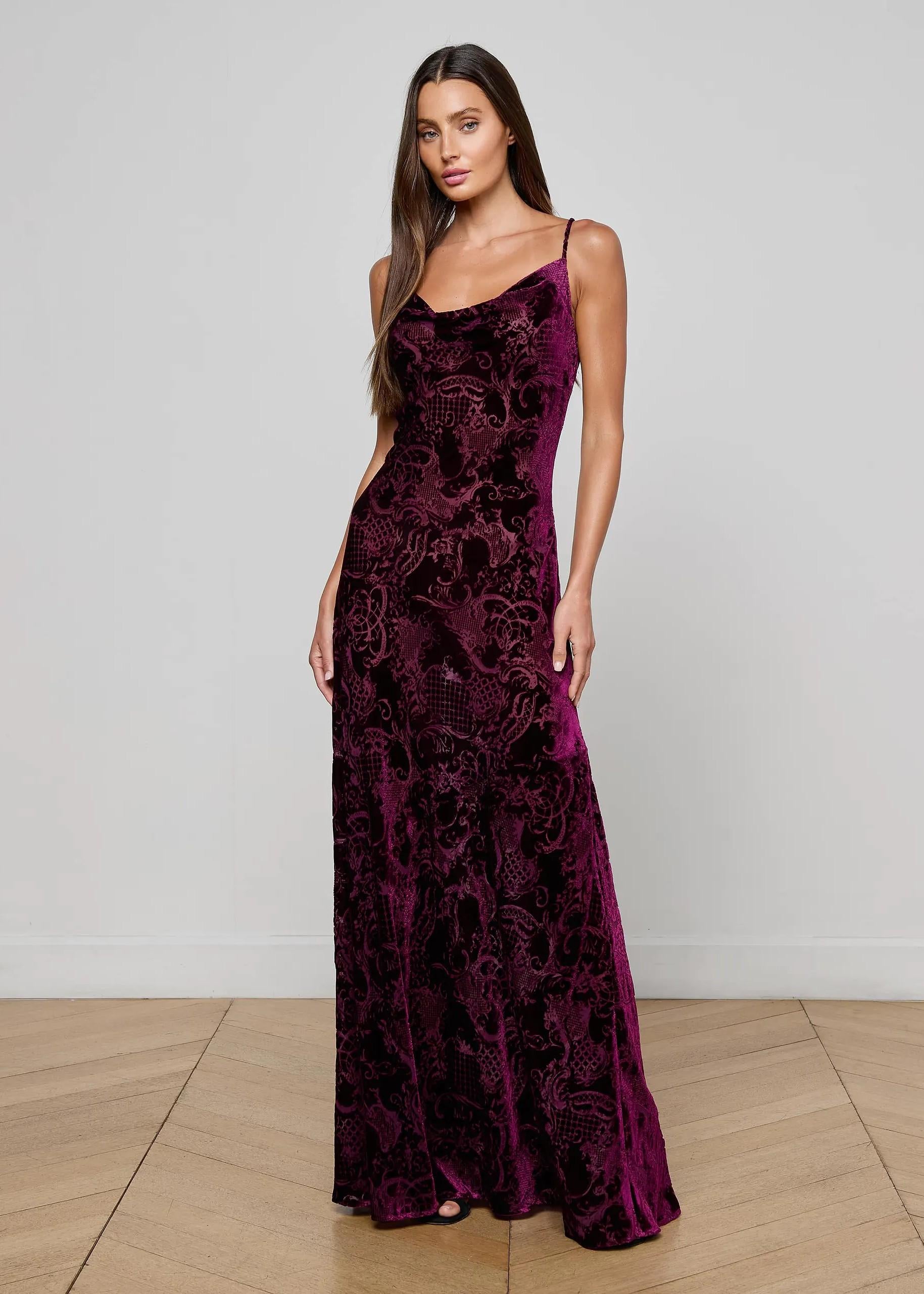 abito lungo bordeaux a fantasia in velluto devoré trasparente S61128RSPDPSR L'AGENCE