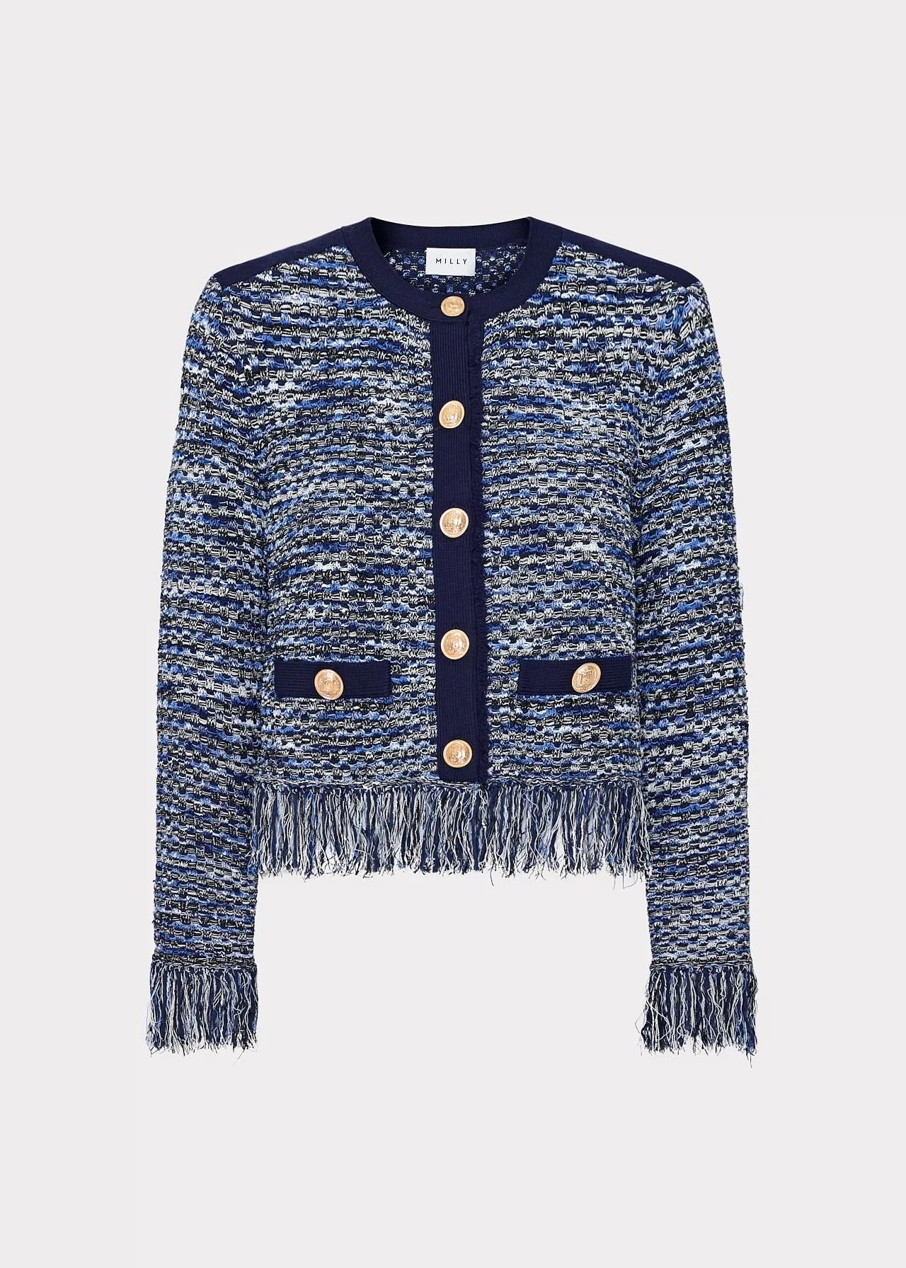 Giacca in maglia in filato multicolore con bottoni e frange KHT492NAVY MILLY NY