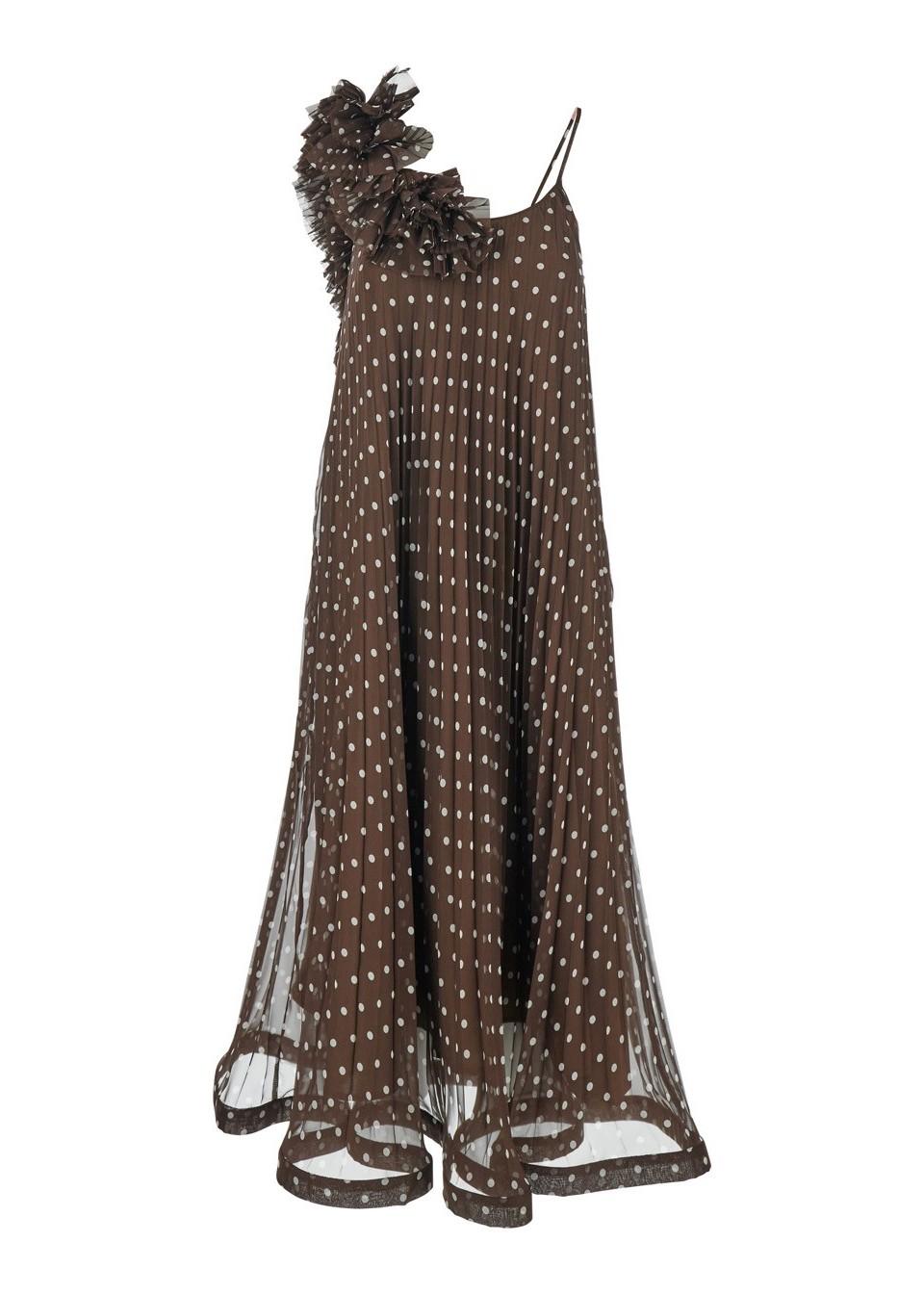 Abito Lungo Marrone con Spalline Sottili e Motivo a Pois All Over PALLINAD726181808 P.A.R.O.S.H.
