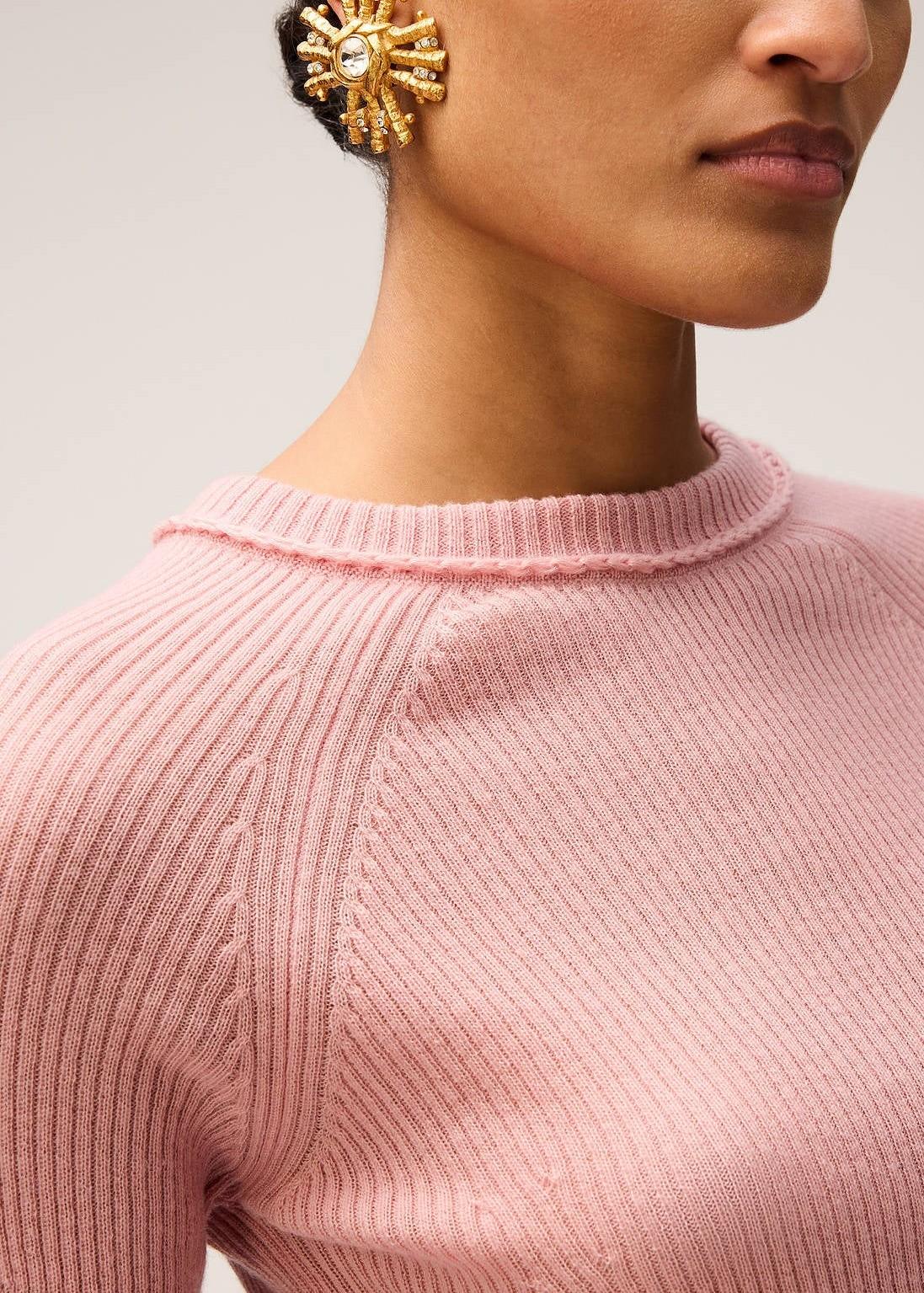 T-shirt in maglia di cashmere leggero a coste con dettaglio uncinetto rosa 03WKNTO157WS05PNR168 RETORI