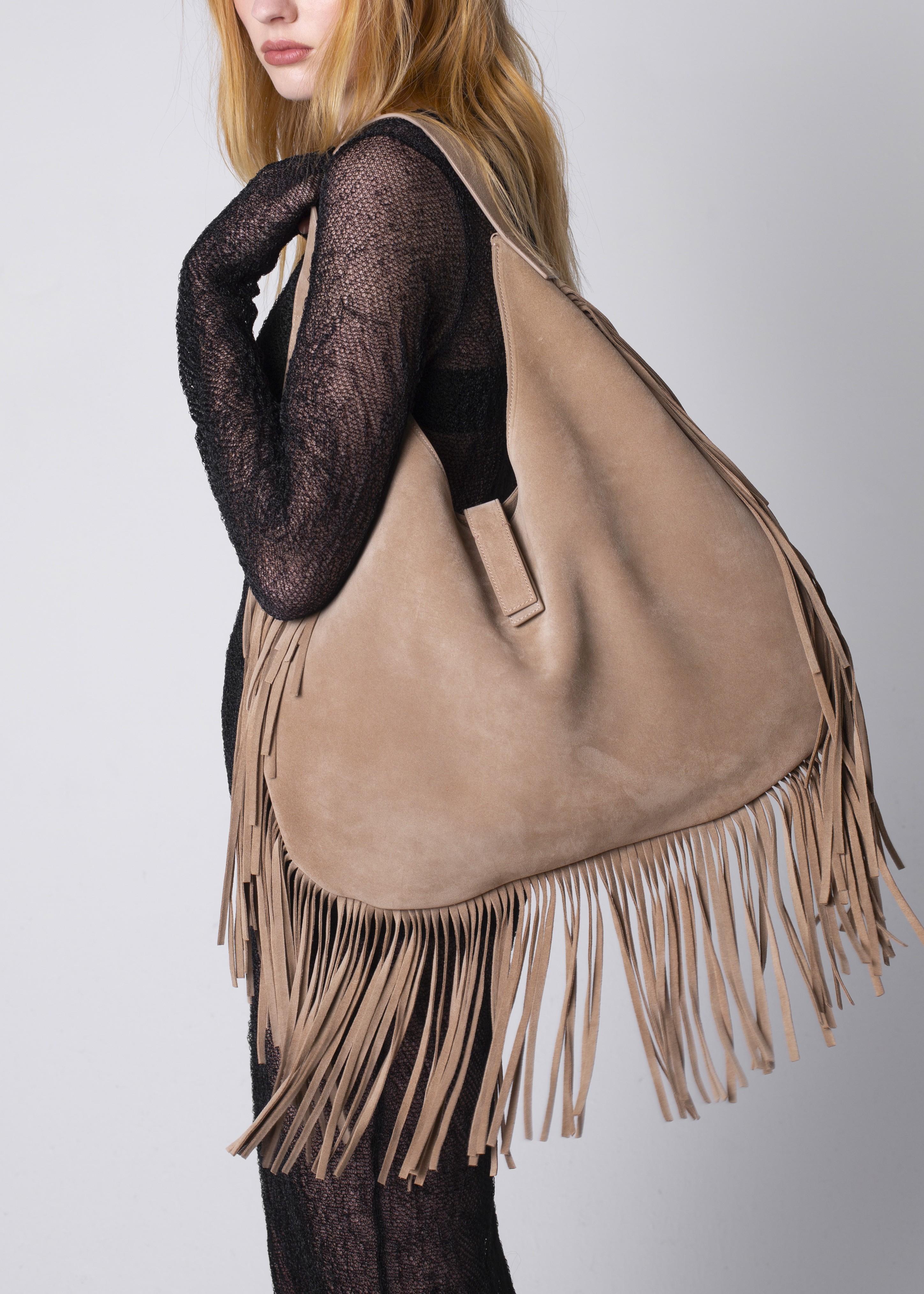 Zaira - borsa hobo in camoscio beige con frange BR01BEIGE GENTE