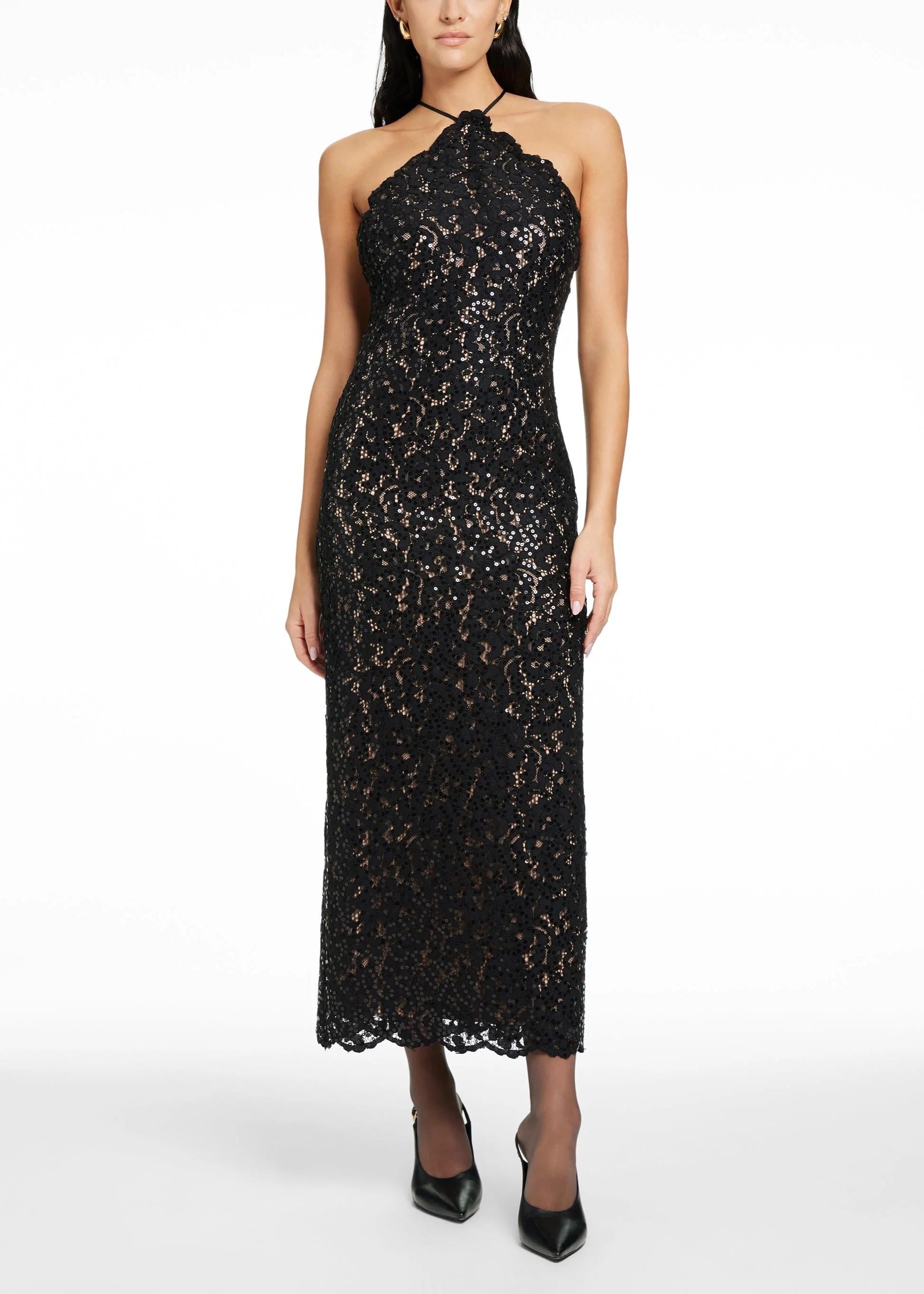 Abito midi in pizzo nero e paillettes con scollo all'americana TR6825D095JET TOCCIN