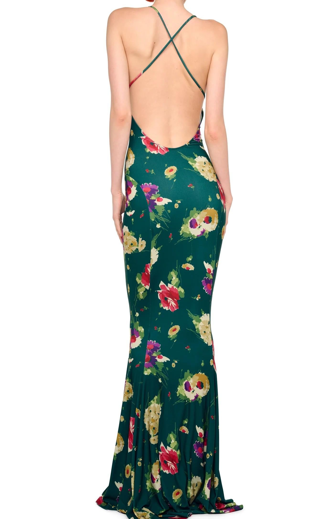 Abito a sottoveste verde fantasia sfloreale, modello sirena con schiena scoperta KK4253PL137681FLORAL GREEN MULTI NORMA KAMALI