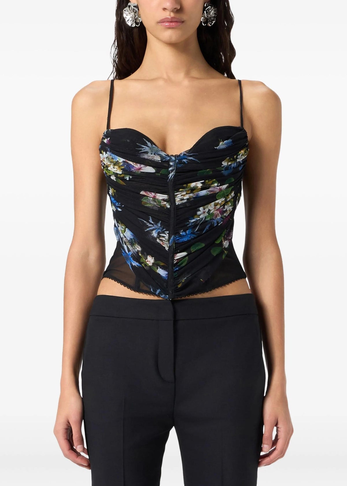 Top nero in tulle con spalline sottili stampa Bouquet 4C215AF9905 BLUMARINE