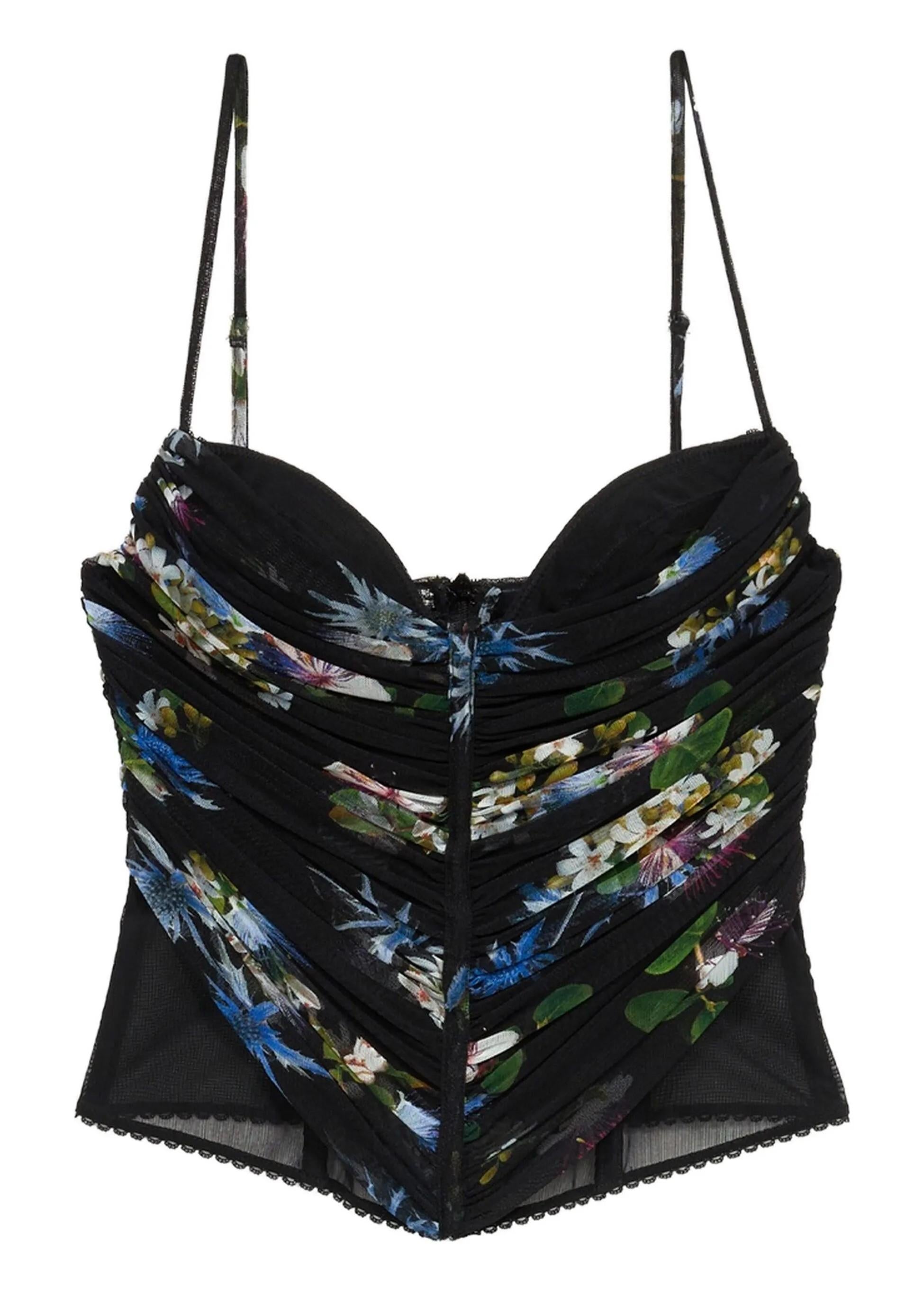Top nero in tulle con spalline sottili stampa Bouquet 4C215AF9905 BLUMARINE
