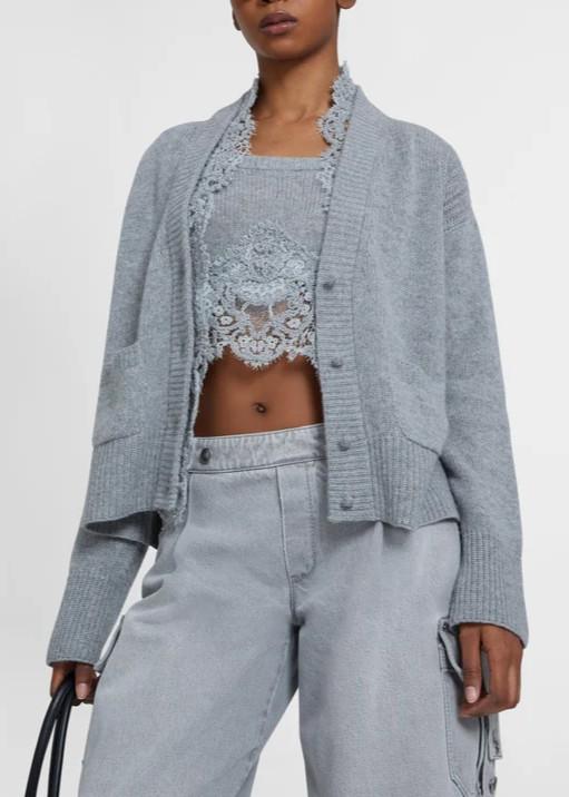 Cardigan grigio in puro cashmere con pizzo rebrodè e scollo a V D475N304APKFXKFXM2921 ERMANNO SCERVINO