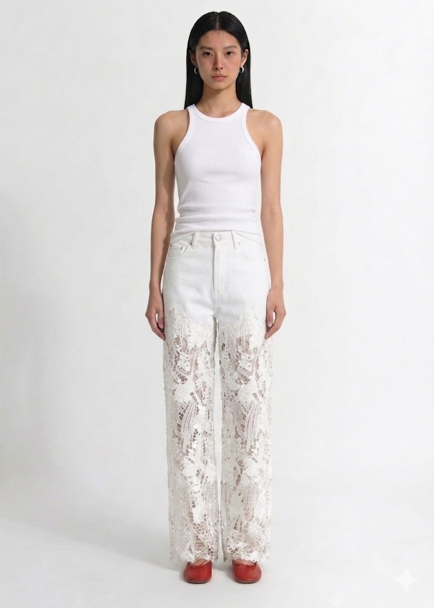 People Jeans Bianco con Inserto in Pizzo Floreale